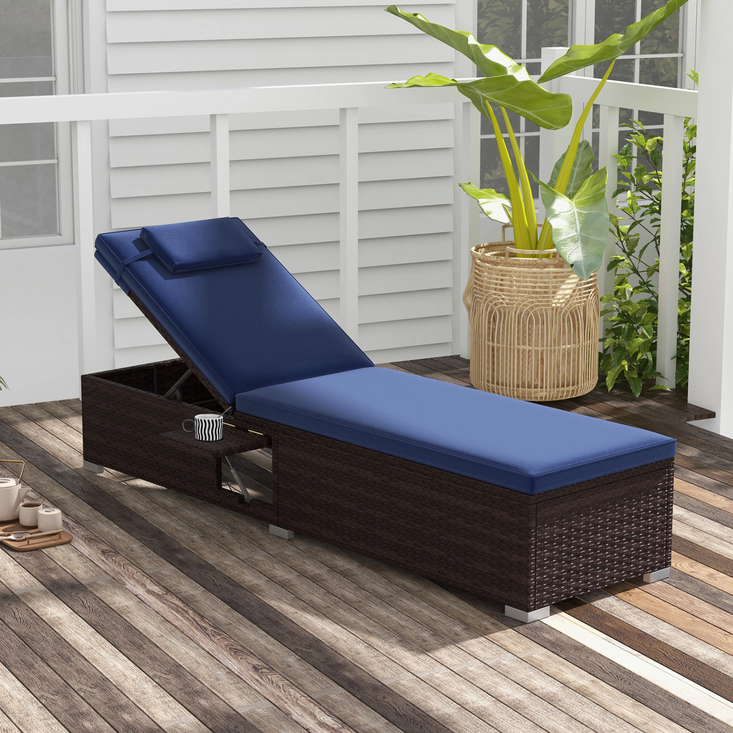 Hivvago Outdoor PE RattanChaise Lounge with 6-level Backrest