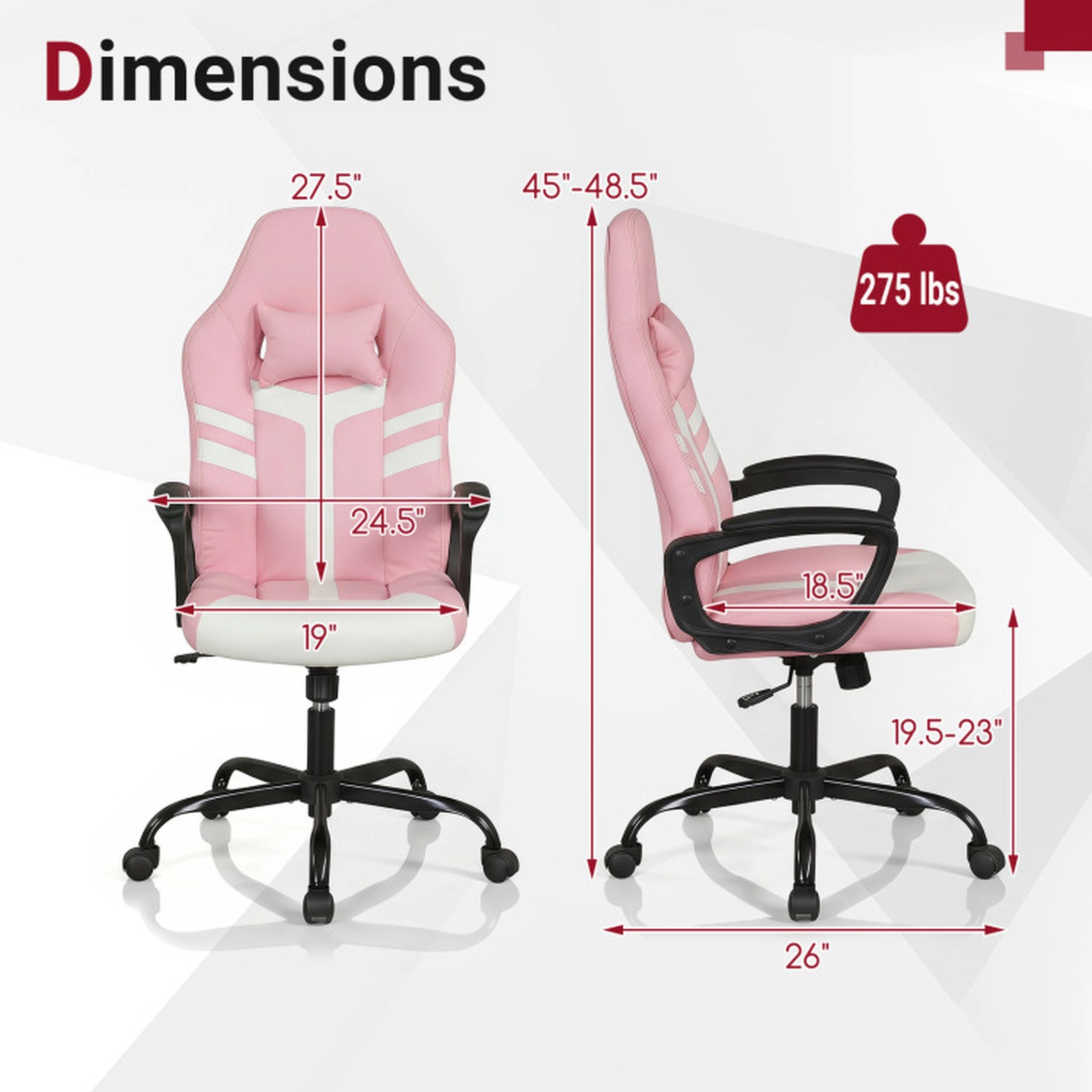 SUGIFT Faux Leather Upholstered Gaming Office Chair 275-lb Capacity with Removable Head Pillow and Rocking Function Pink
