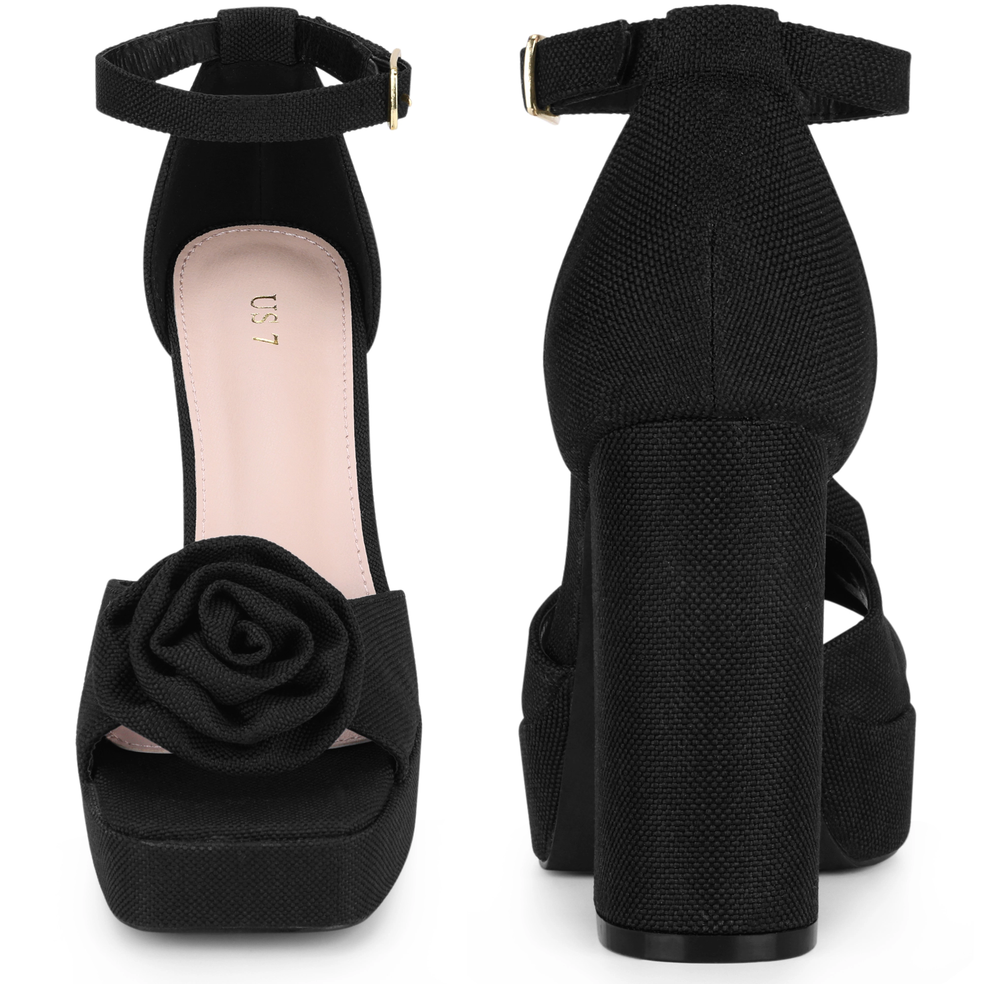 BLISSFUL STEP Women's Square Toe Chunky Heel Platform Flower Sandals