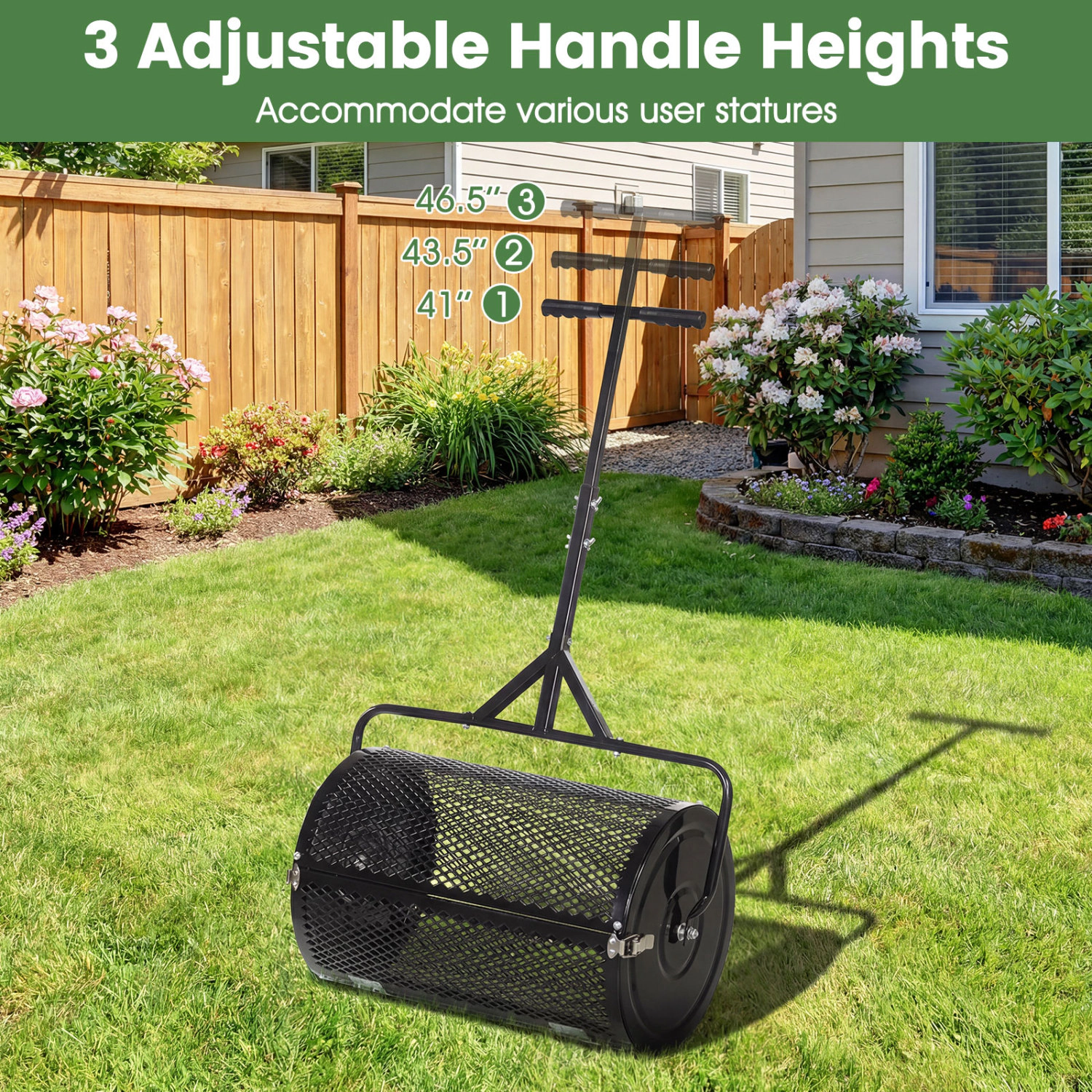 LJG 24 Inch Compost Spreader Peat Moss Roller with Height-Adjustable T-Shaped Handle
