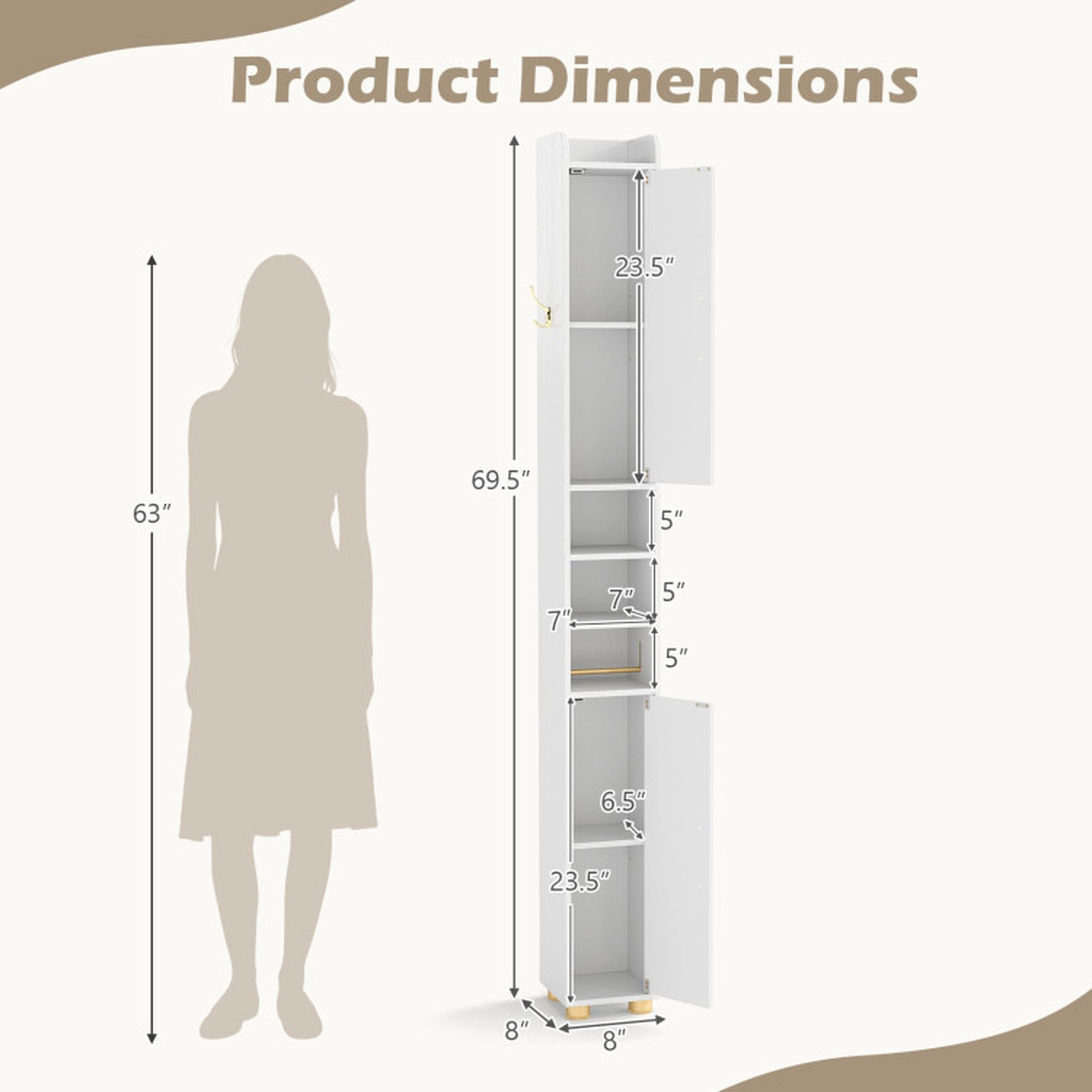 SUGIFT Narrow Toilet Paper Holder 2 Open Shelves Bathroom Storage Cabinet 8-in x 8-in x 69.5-in 11-lb per Shelf White