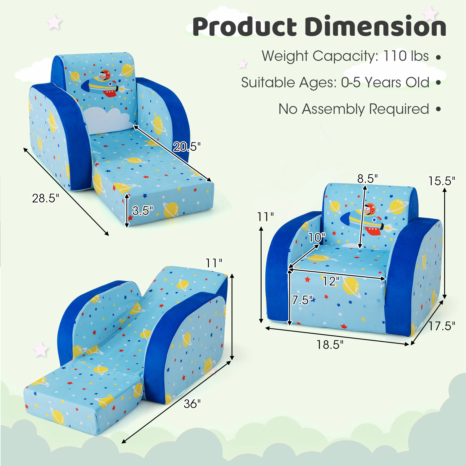 SUGIFT 3-in-1 Convertible Flip Open Kids Sofa Chair and Lounge Bed 66-lb Capacity Ages Under 3 Blue
