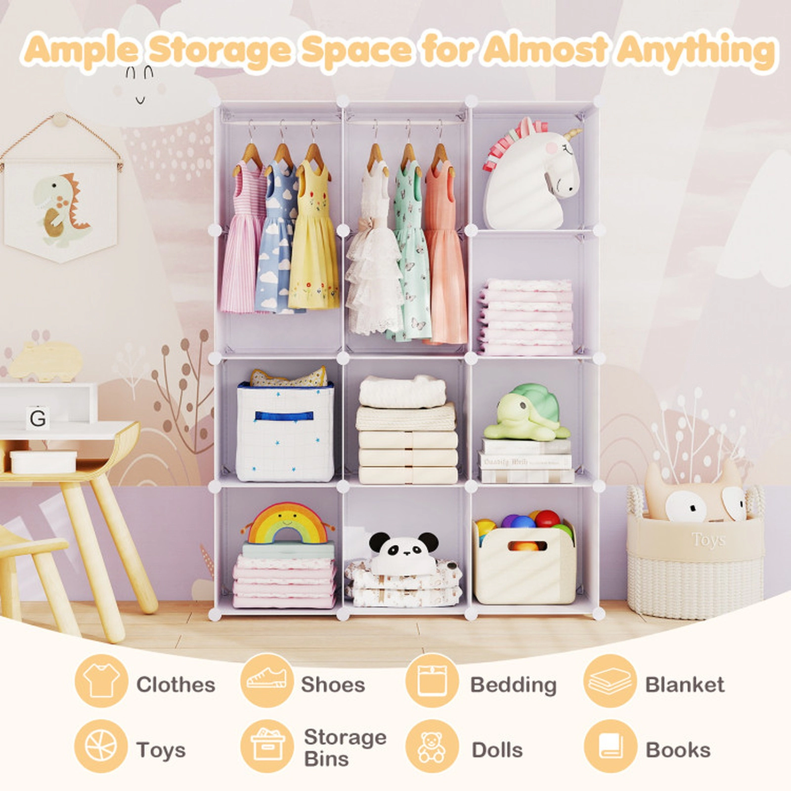 SUGIFT Modular Baby Wardrobe Toy Organizer with 10 Cubes Hanging Rod and Shelves 6.5-lb Cube Capacity Stackable White