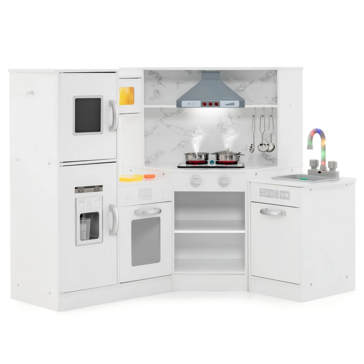 SUGIFT Corner Pretend Kitchen Playset with Separated Washing Basin and Accessories for Ages 3+ Coffee/White