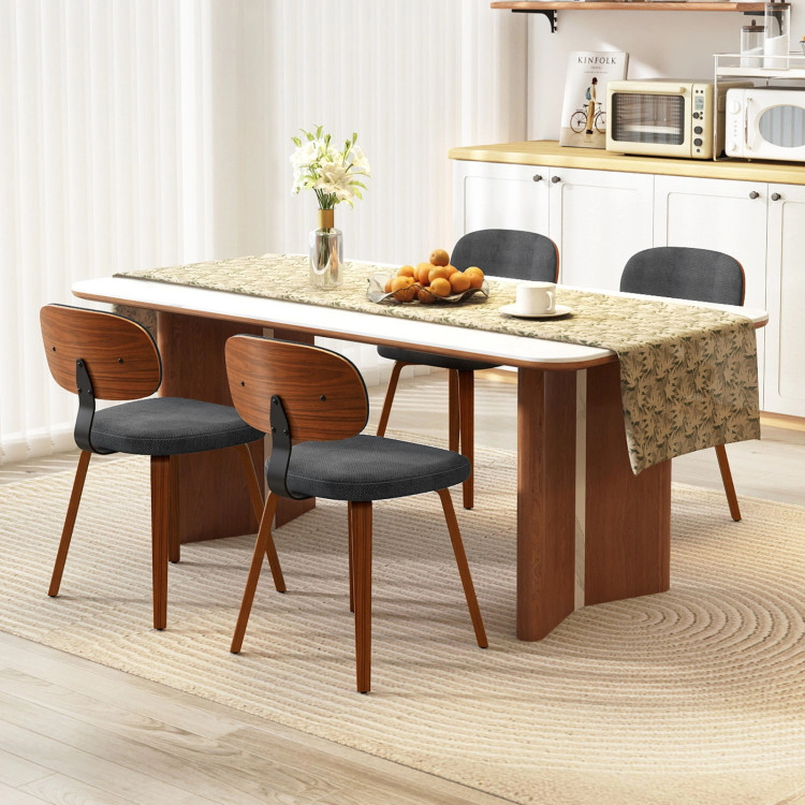 SUGIFT Set of 4 Dark Gray Chenille Upholstered Dining Chairs with Curved Backrests