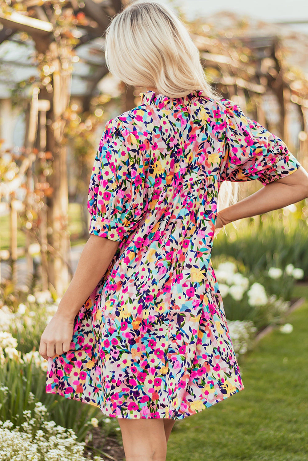 Threaded Pear Women's Hadlee Floral Puff Short Sleeve V Neck Mini Dress