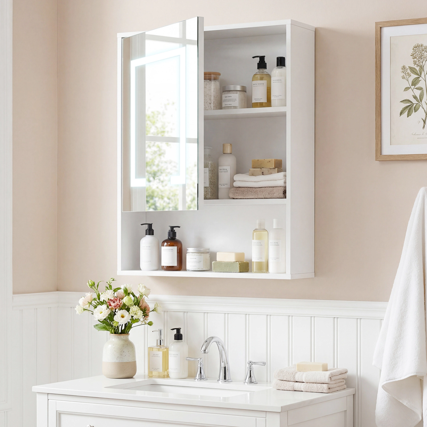 Slickblue White LED Mirror Medicine Cabinet with Adjustable Shelf and Storage