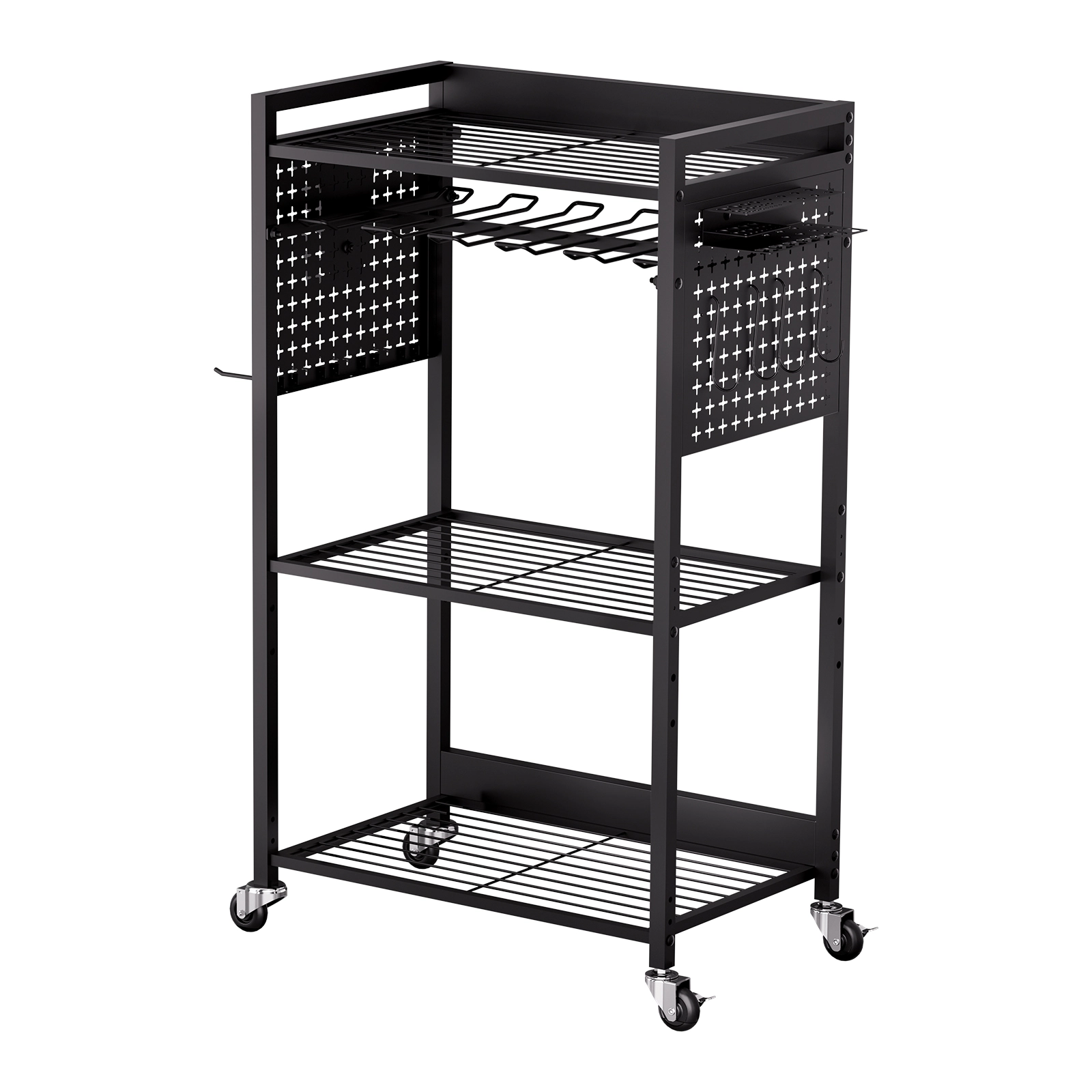 HONGGE 4-Tier Tool Organizer Cart with 10-Slot Drill Holder, 150 lbs Capacity, Rolling Steel Rack, Black