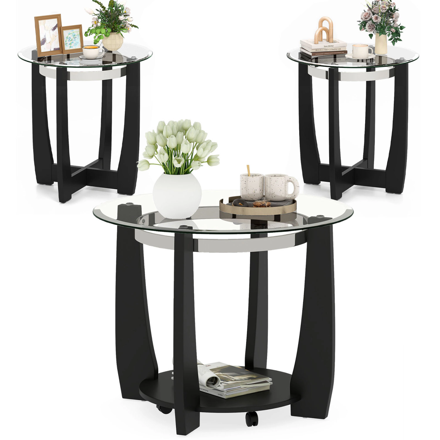 Glintex 3-Piece Round Glass Coffee and Side Table Set with Wheels