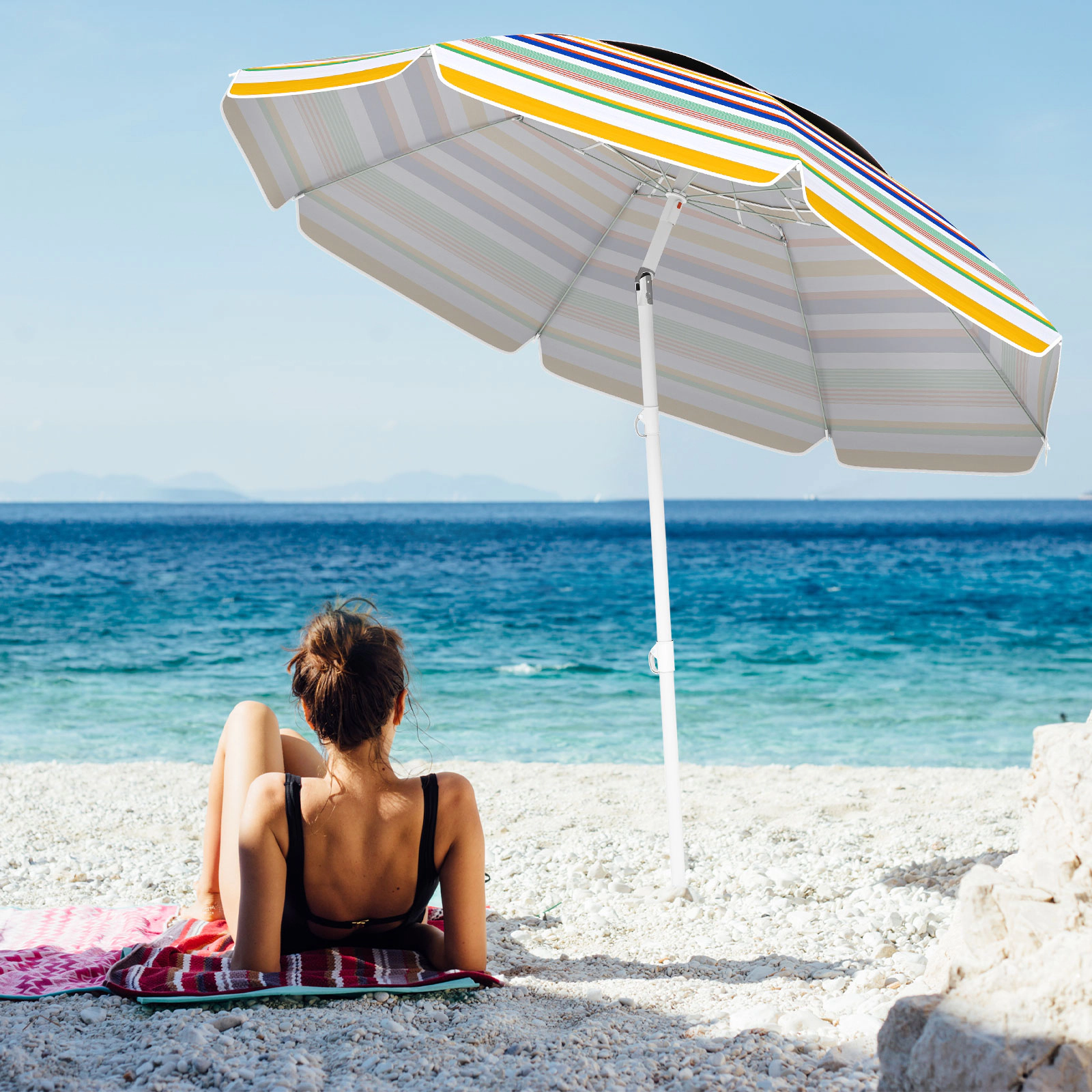 SUGIFT UPF50+ Sun Protection Beach Umbrella with Push Button Tilt 6.5 x 6.4-ft Canopy Colorful
