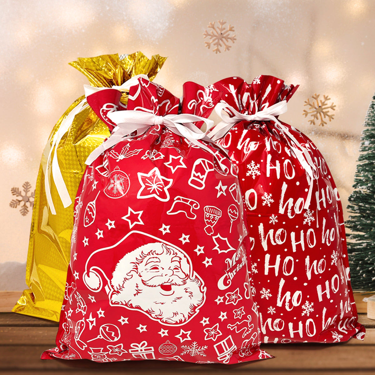 Wrapables Christmas Drawstring Gift Bags for Party Favors, Treats, Gift Wrap, Parties, (Set of 6) XL Red & White