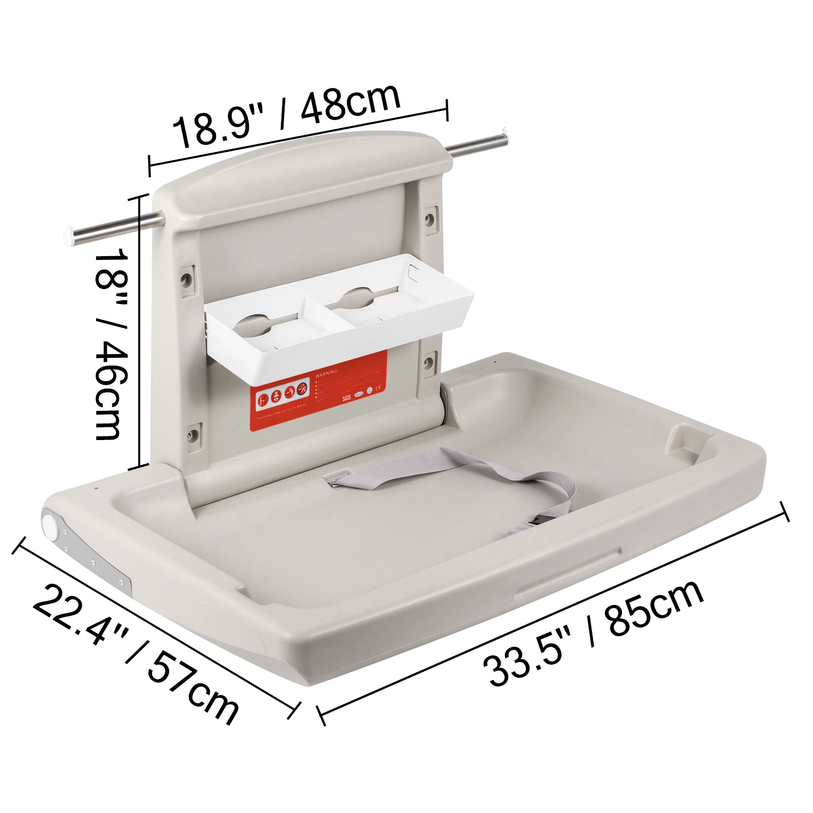 HONGGE Wall-Mounted Baby Changing Station with Safety Strap & Hanging Rods, Foldable HDPE Design, Gray
