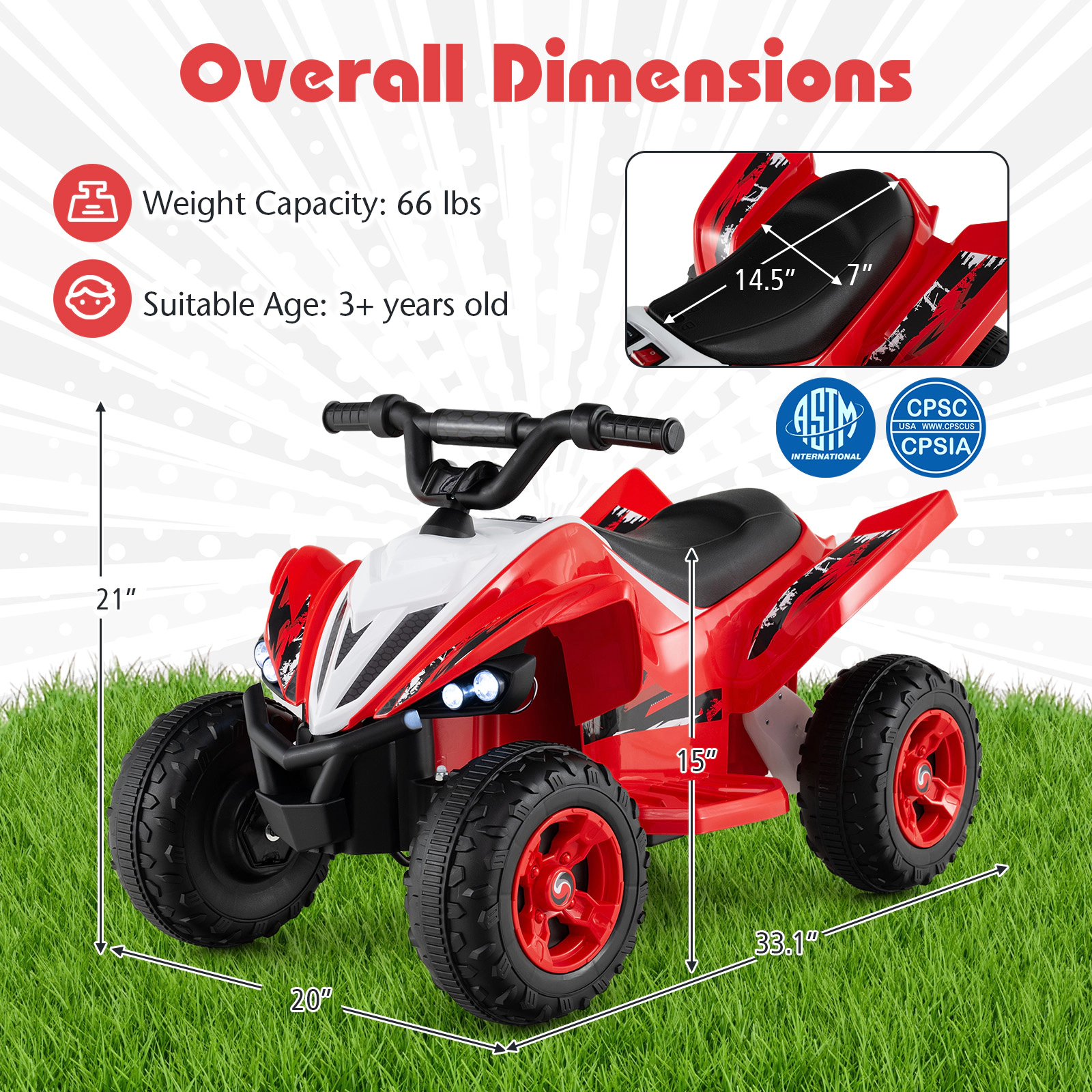 SUGIFT 12V 4-Wheeler Kids Ride On ATV Quad 3-7 mph 66-lb Capacity Ages 3+ with LED Lights 33.1-in Long Red