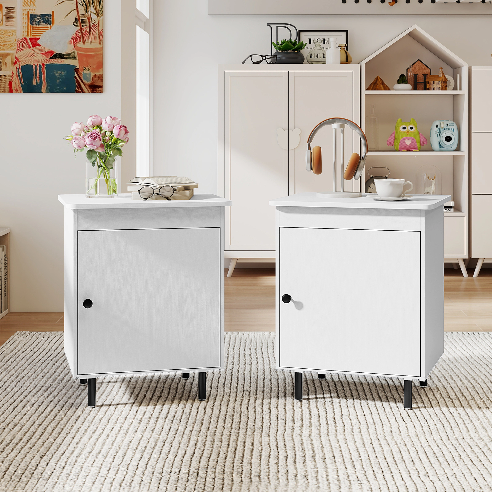 Glintex 2-Piece Mid-Century Nightstand Set with Enclosed Cabinets and Anti-Tipping Kits, White
