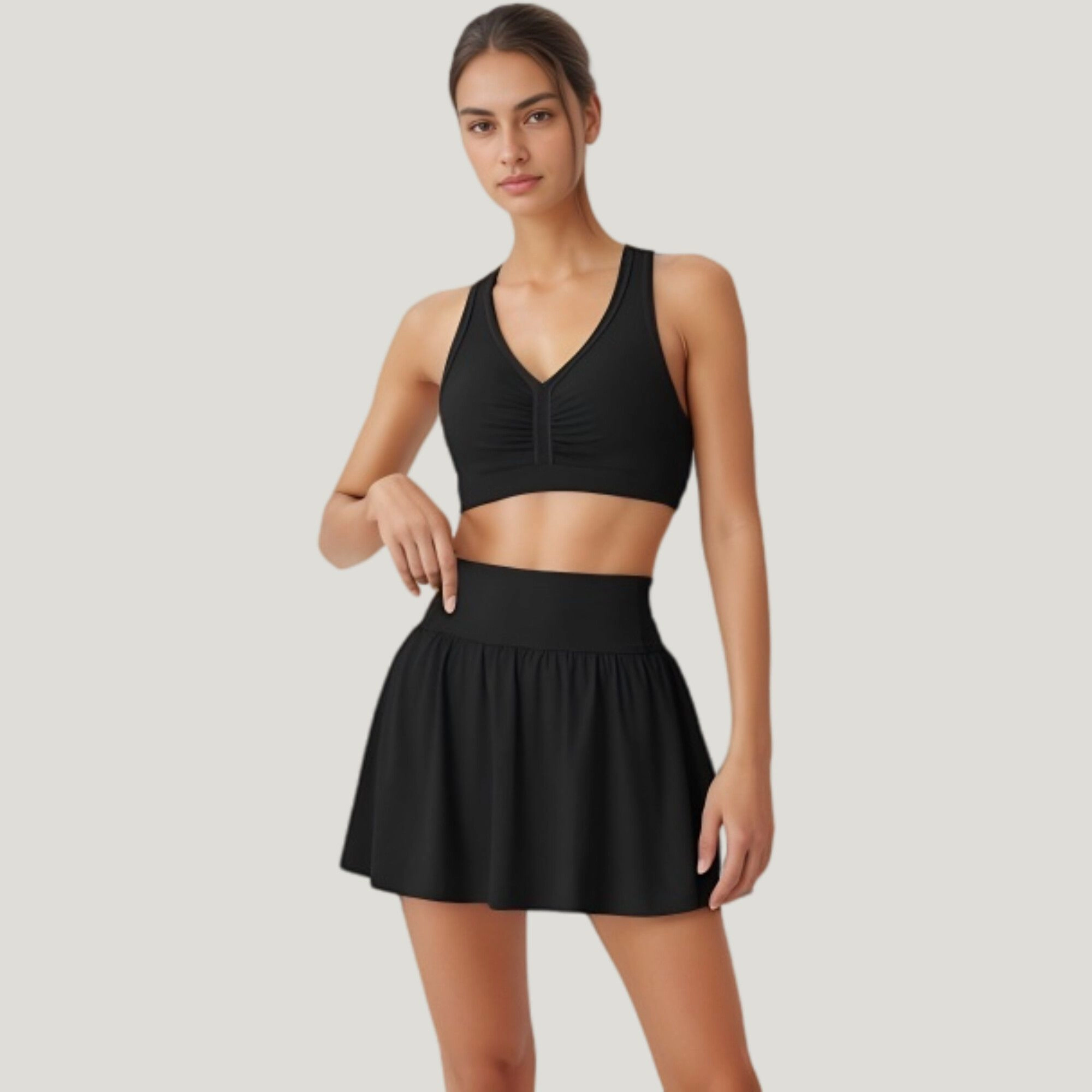 Anna-Kaci Women's Two-Piece Activewear Set with V-Neck Ruched Sports Bra and High Waist Flare Skirt