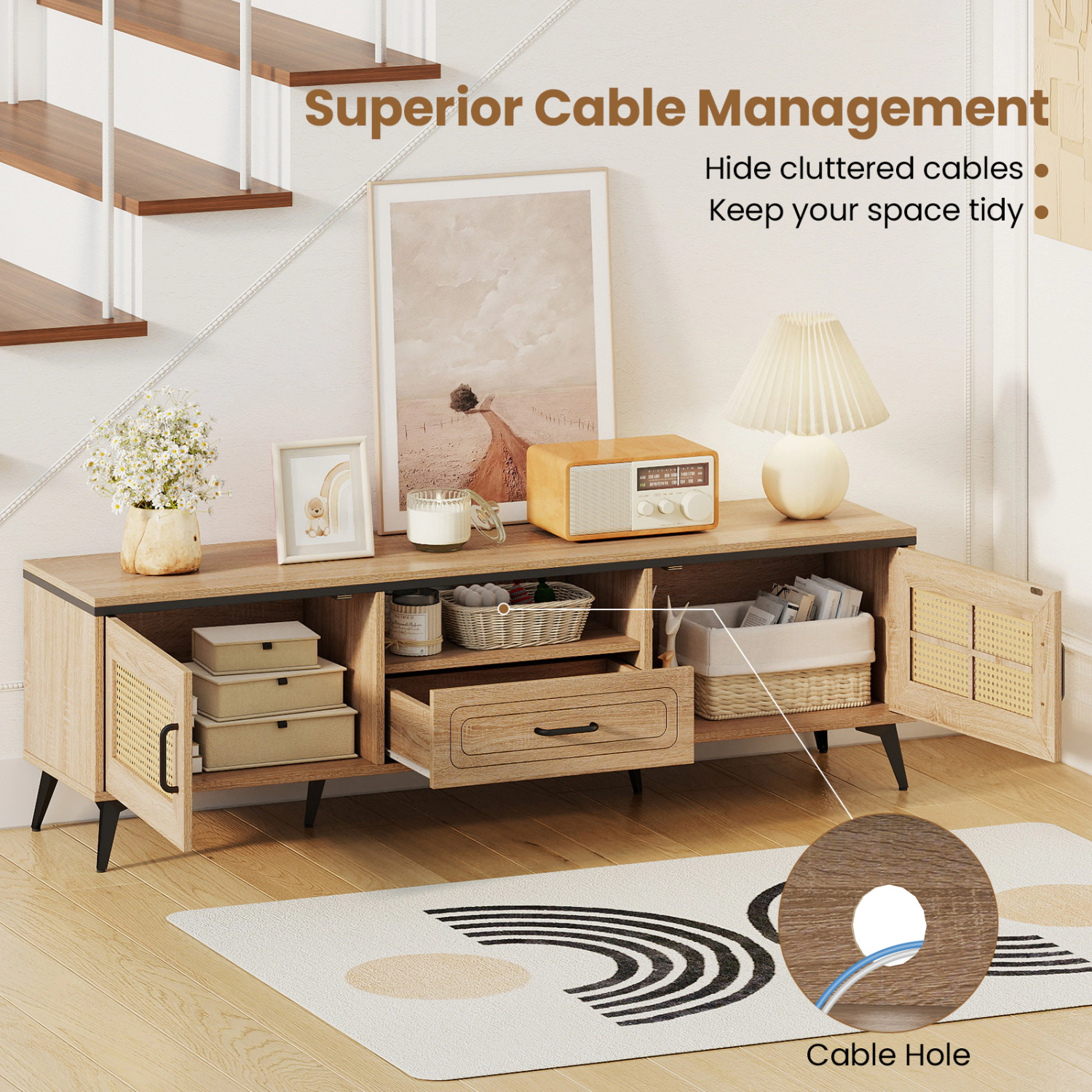 Glintex 59-Inch Mid-Century TV Stand with Faux Rattan Doors and Drawer, Oak