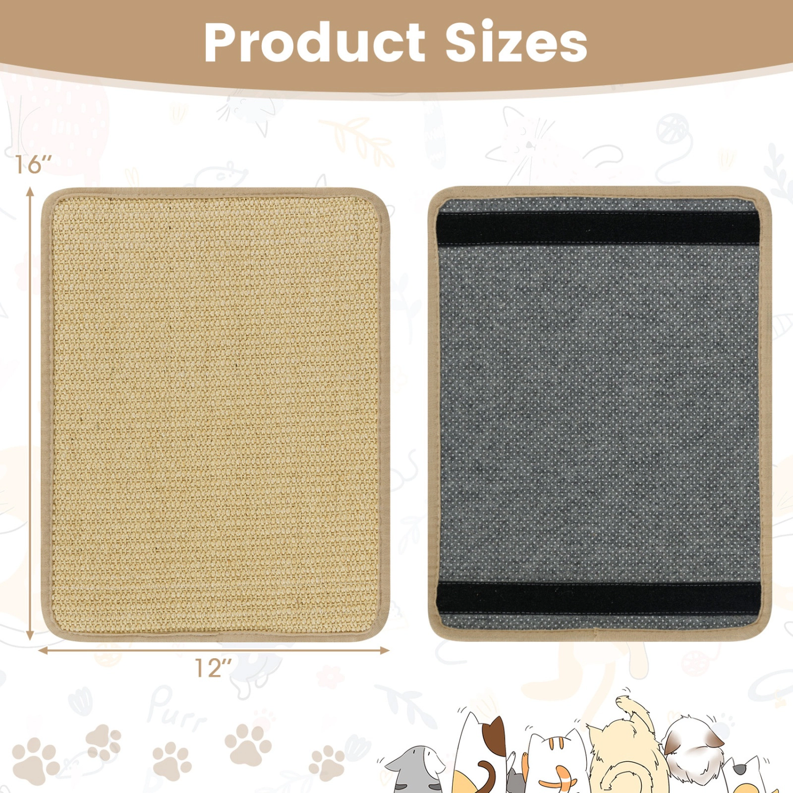 SUGIFT Self-Adhesive Sisal Cat Scratcher Mat Set 16 x 12 in & 24 x 16 in 6-Piece Cat Tree Accessory