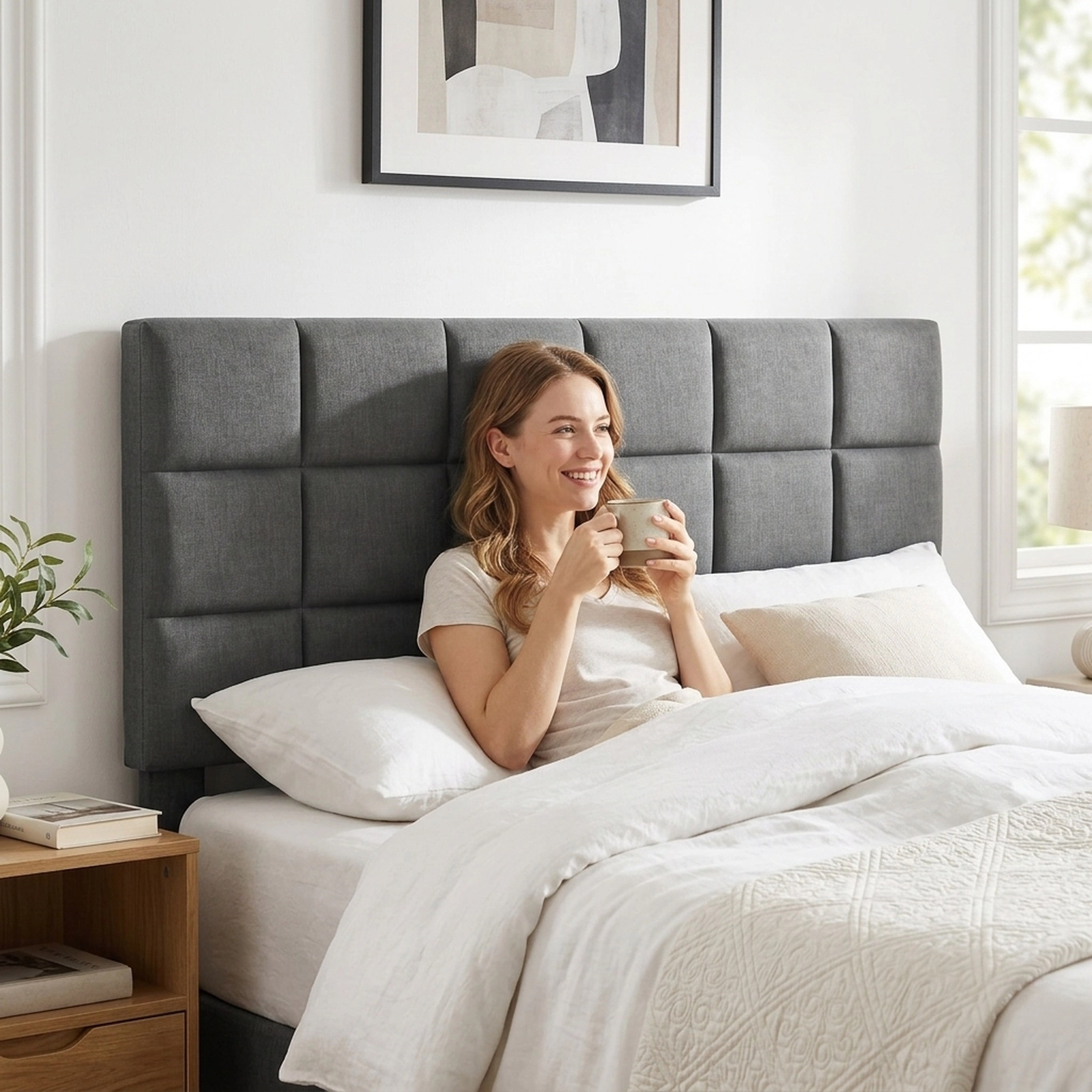 SUGIFT Full Bed Frame, Gray Linen Upholstered Platform Bed with Adjustable Headboard