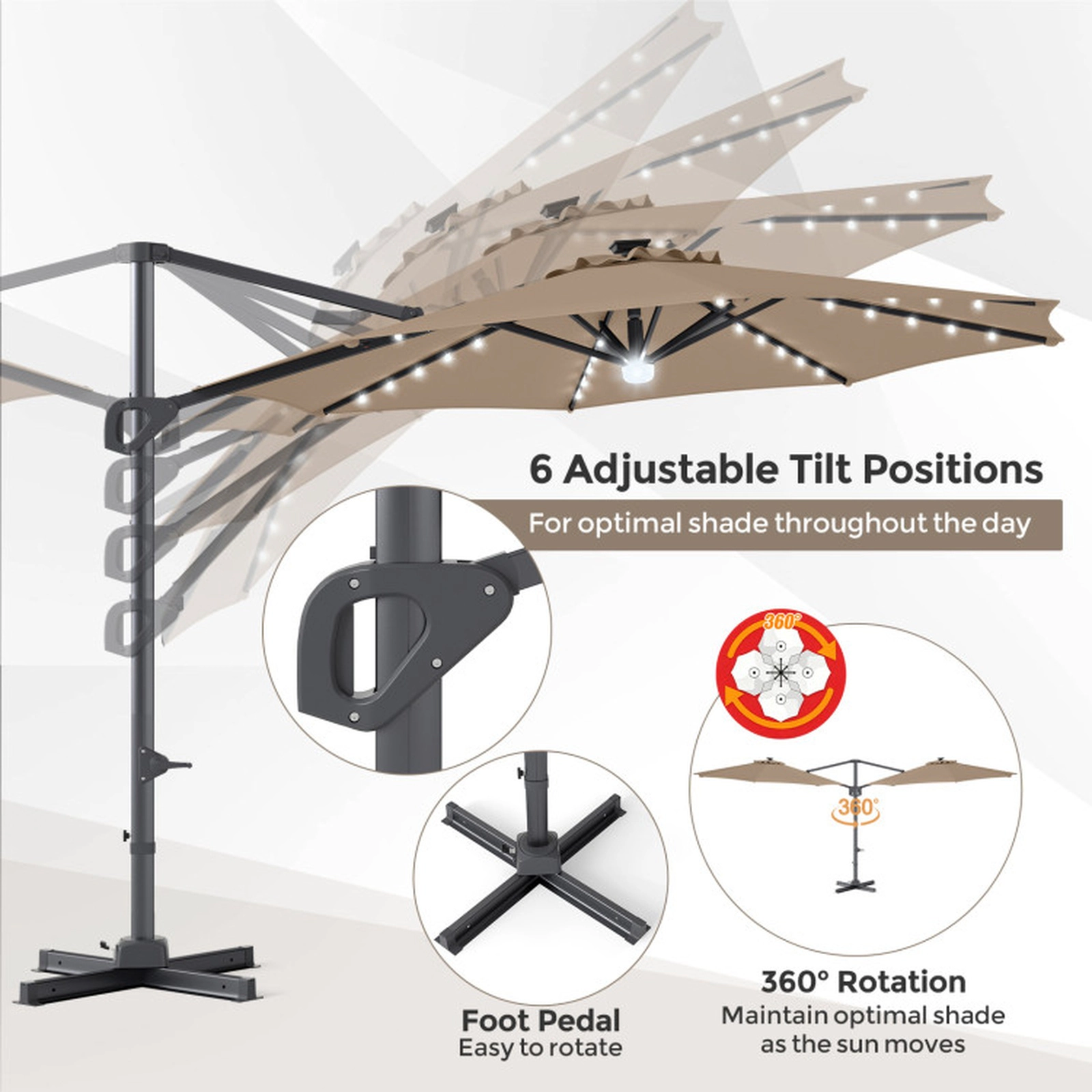 SUGIFT 10-ft Cantilever Patio Umbrella 35 Solar LED Lights & 220-lb Fillable Base Tan/Beige/Navy/Gray/Wine Canopy Black