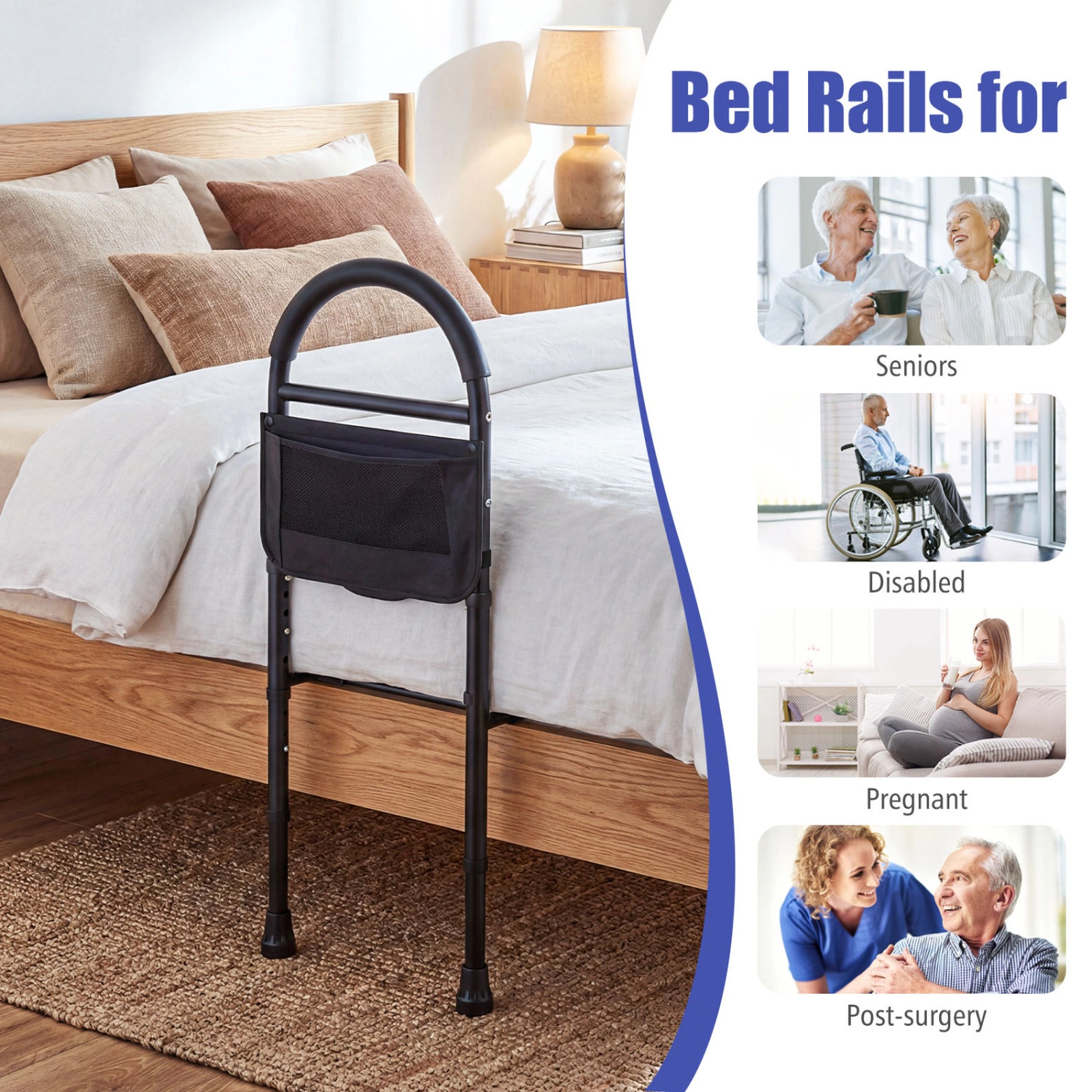 SUGIFT Height Adjustable Bed Assist Rail Storage Pocket 71-in Safety Strap 300-lb Capacity 13-19-in Bed Frames Black