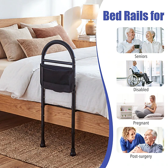 SUGIFT Height Adjustable Bed Assist Rail Storage Pocket 71-in Safety Strap 300-lb Capacity 13-19-in Bed Frames Black