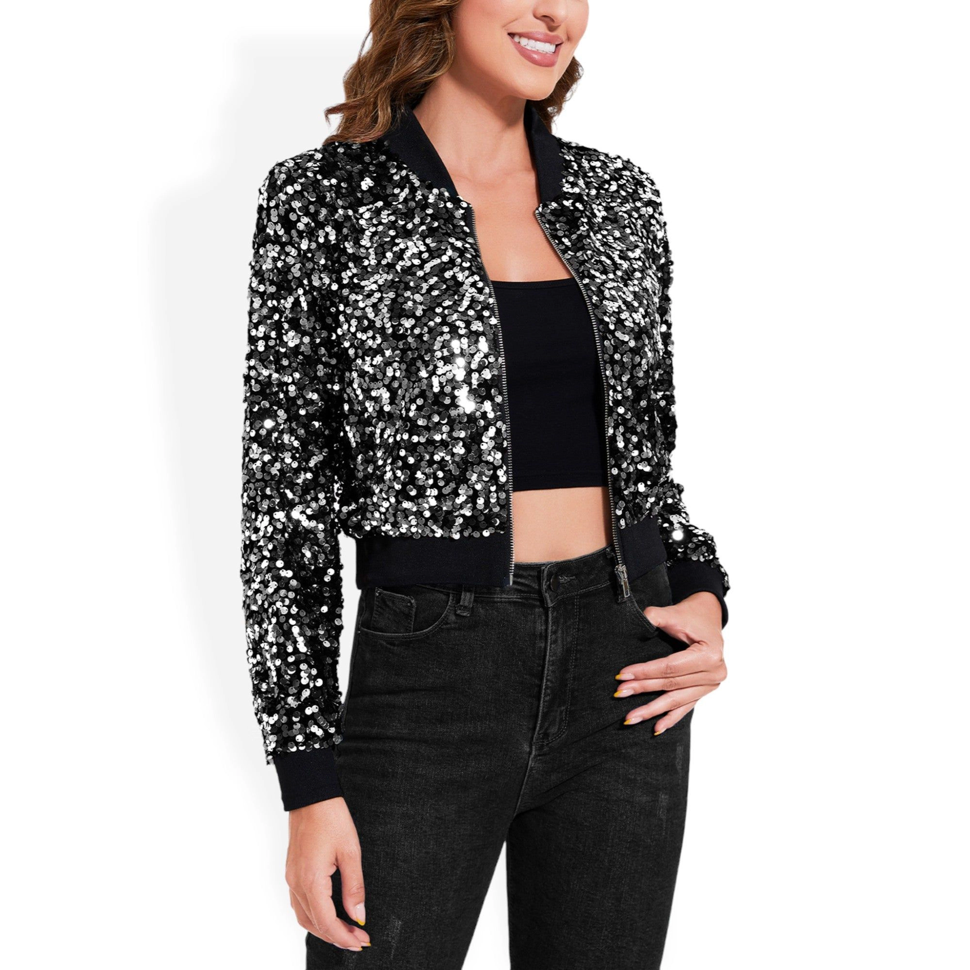 Anna-Kaci Women's Sequin Bomber Jacket with Striped Ribbed Trim and Zip Front