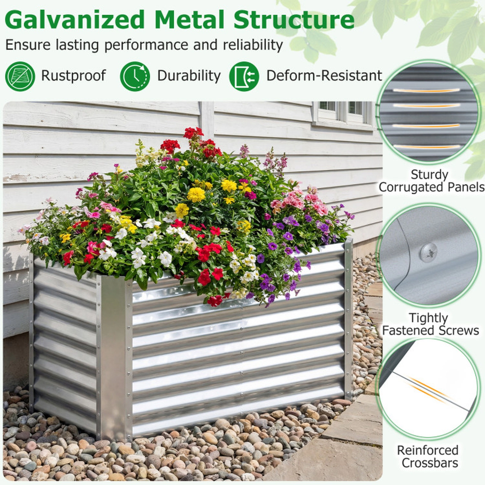 SUGIFT 4 x 2 x 2-ft Galvanized Steel Rectangular Raised Garden Bed with Corrugated Panels and Open-Ended Base