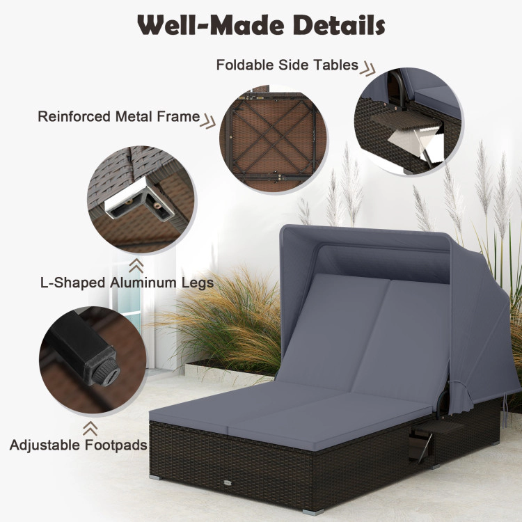 Hivvago Patio Double Chaise Lounge With Shade Cushions And Folding Side Trays