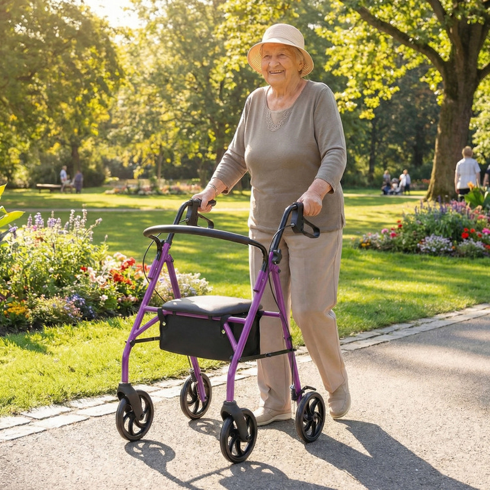 SUGIFT Folding Rollator Walker, 220 lb Capacity, Padded Seat, 7 Handle Heights, Low-Noise Wheels