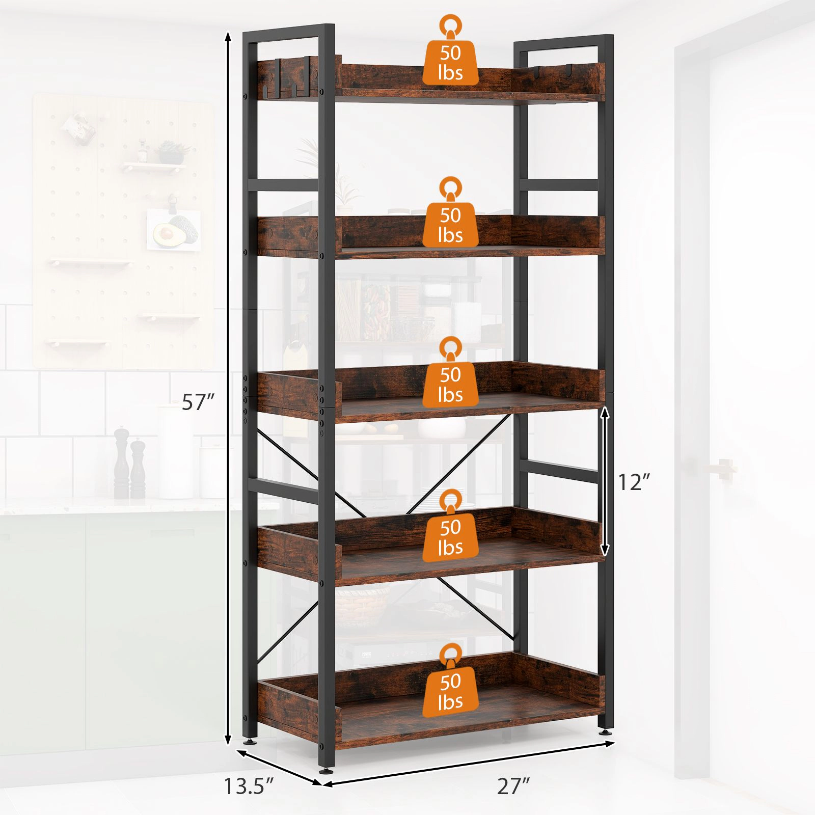 SlickBlue 5 Tier Bookshelf with Hooks and Metal Frame for Living Room Storage