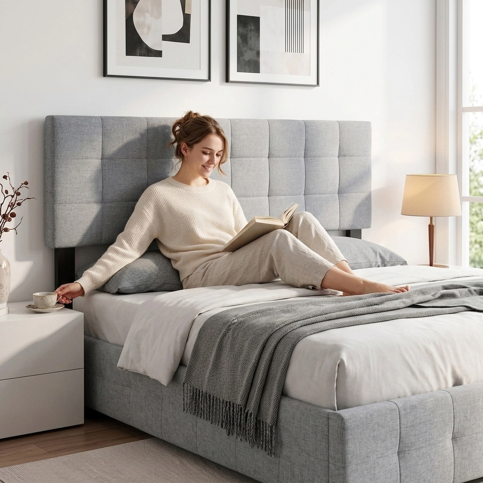SUGIFT Quilted Grid Upholstered Headboard for Full and Queen Beds, Gray