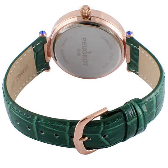 Peugeot Women's 38mm Green Watch Crystal Bezel Leather Strap