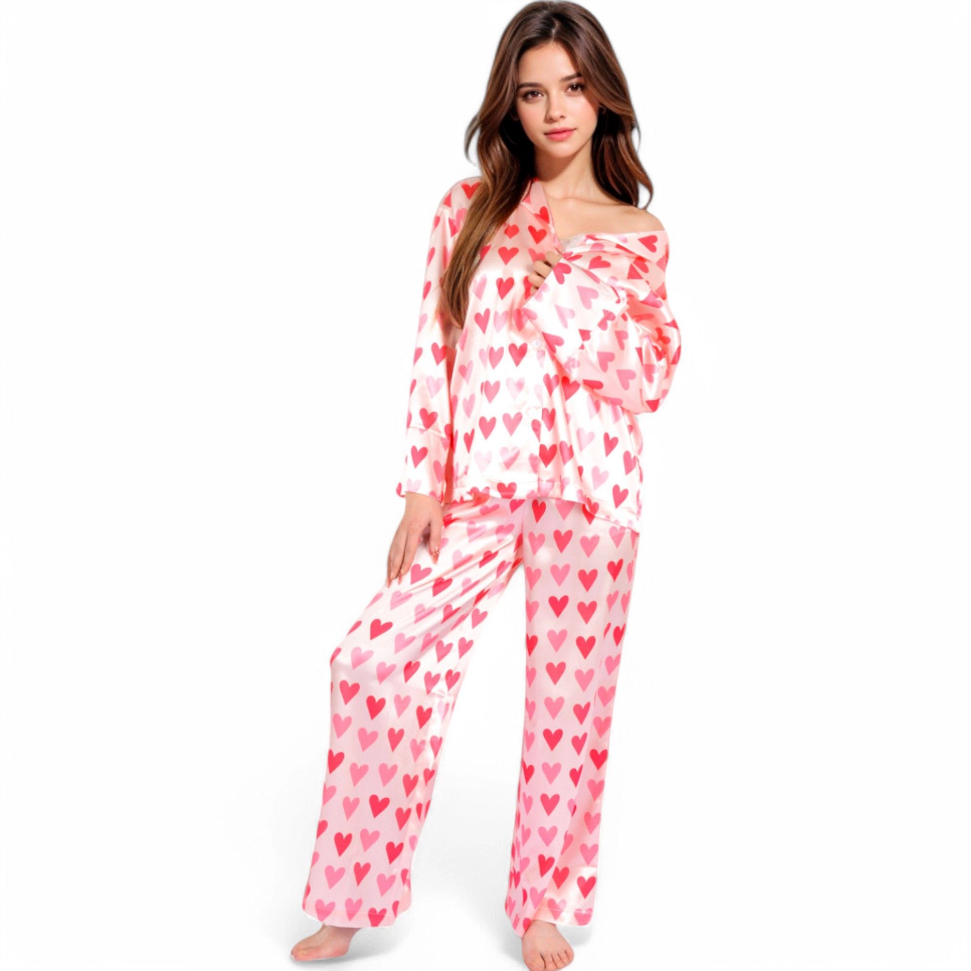 Anna-Kaci Women's Heart Print Valentine Pajama Set with Button Up Long Sleeve Top and Relaxed Fit Pants