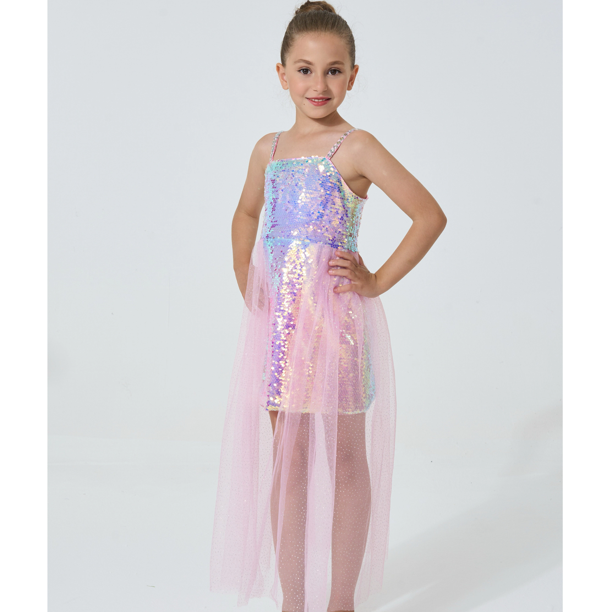 2Bunnies Girls' Ombre Sequin Dress with Tulle Waist Overskirt
