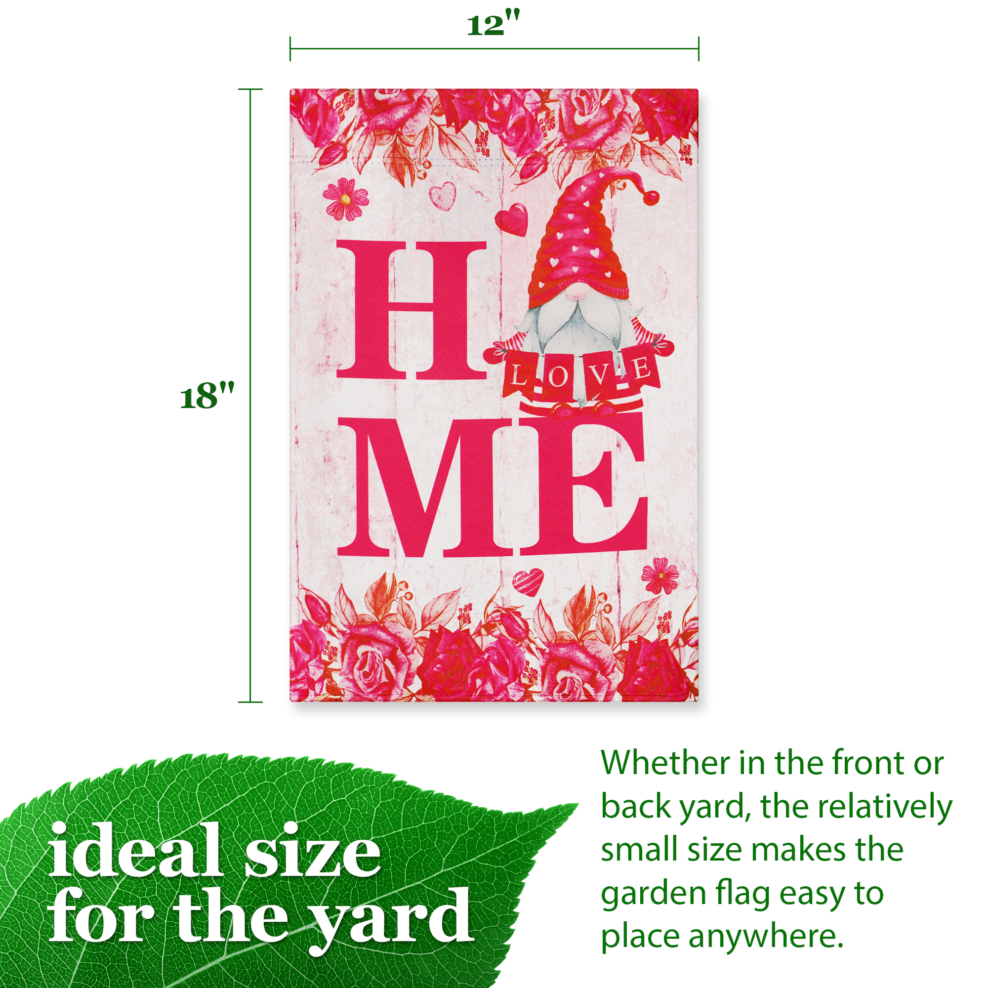 G128 Valentine's Day Garden Flag 12x18in, Gnome Holding Love Sign, Blockout Polyester