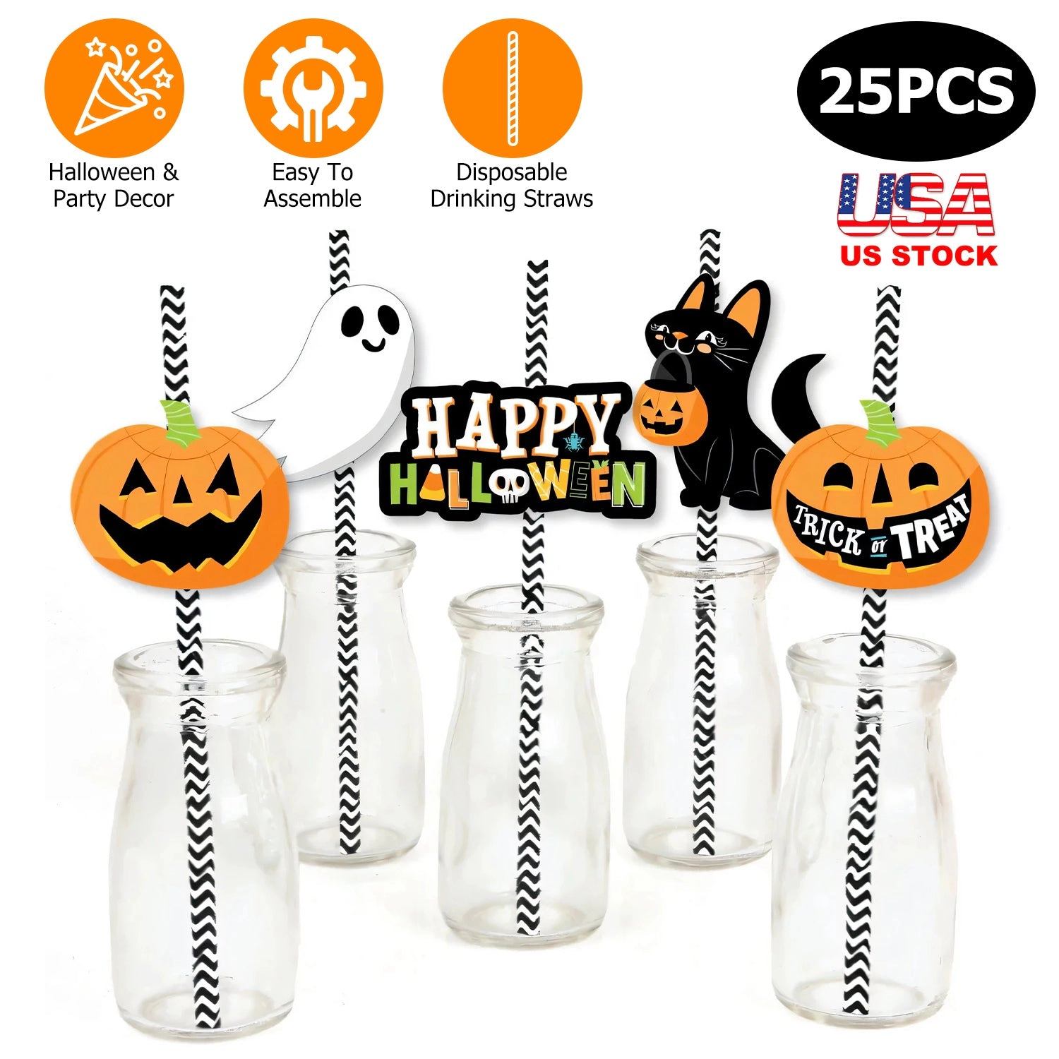 GBruno 24-Piece Halloween Paper Straws With Decor Cards