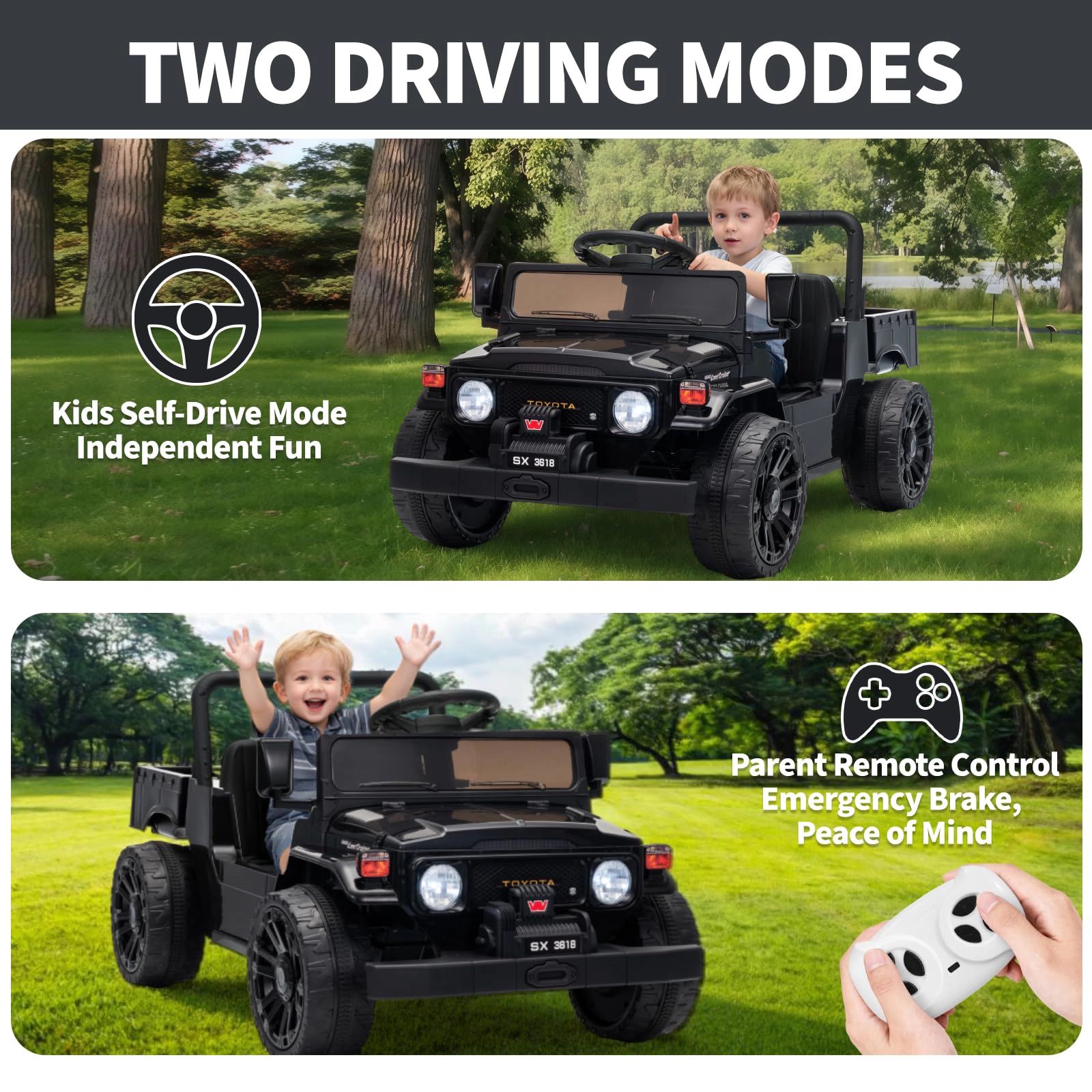 Enjyam 12V Licensed Toyota Ride-On Pickup Truck for Kids, Electric Vehicles w/Remote, Suspension, Bed