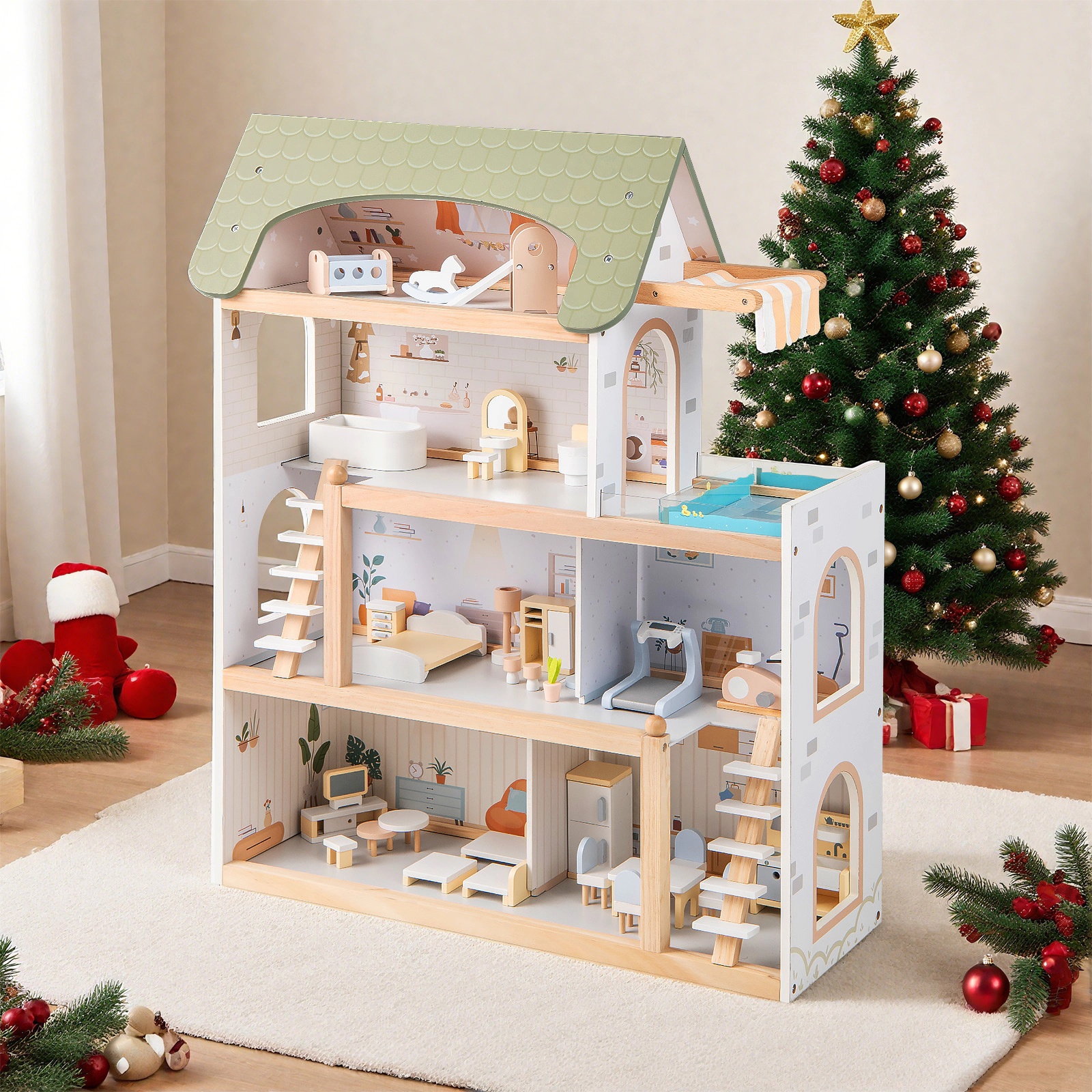 Wooden Dollhouse for Kids with 33-pc Furniture Accessories and Movable Stairs 25-in x 10-in x 31-in Green