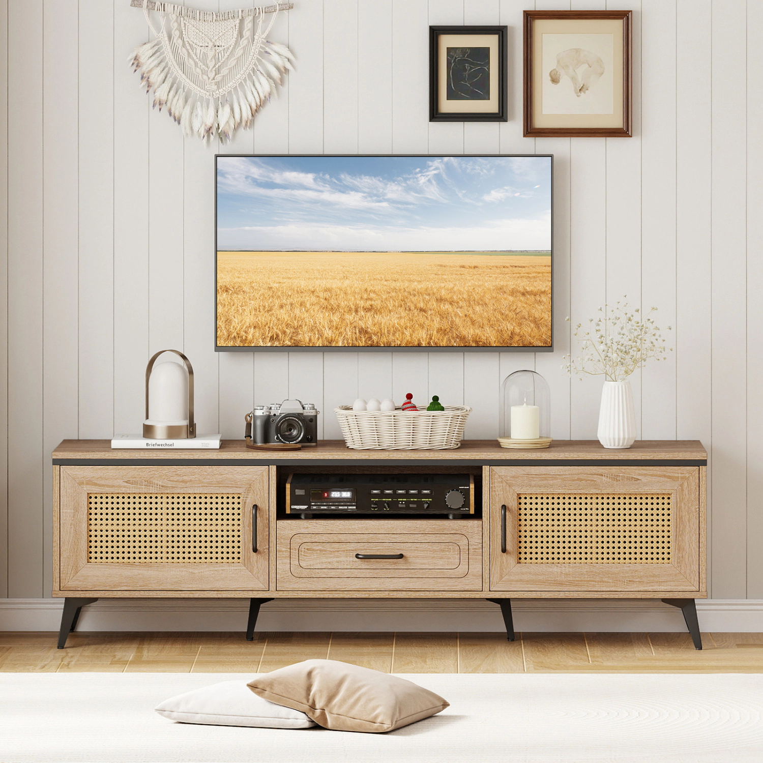 Glintex 59-Inch Mid-Century TV Stand with Faux Rattan Doors and Drawer, Oak