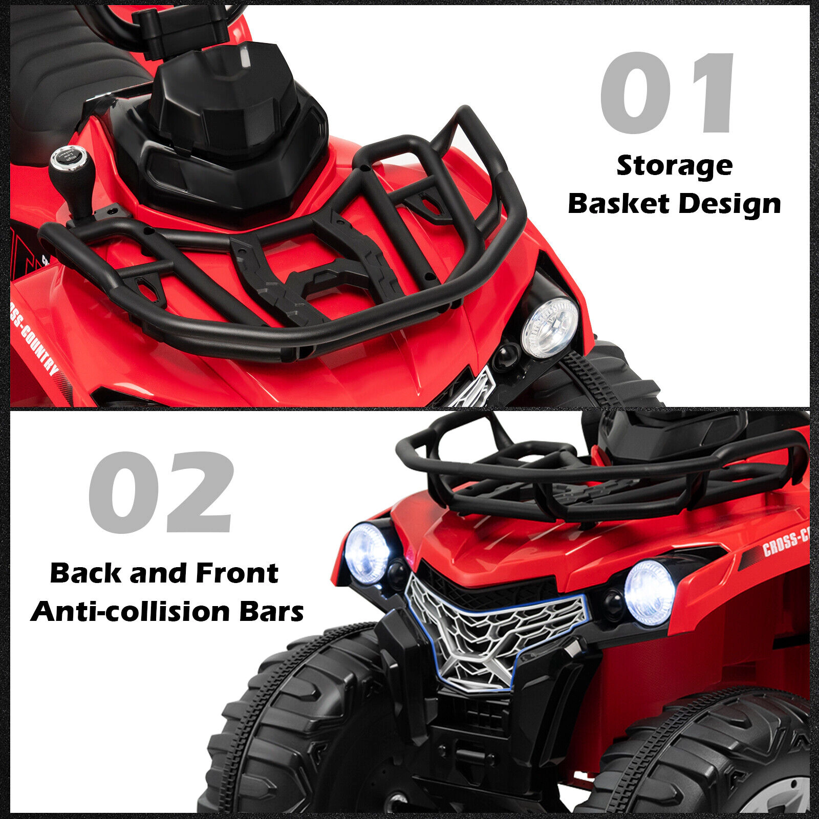 12V Kids Ride On ATV 4-Wheeler High-Speed Lockout Cover Oversized Wheels Headlights MP3 USB Player Ages 3-8 Red Quad
