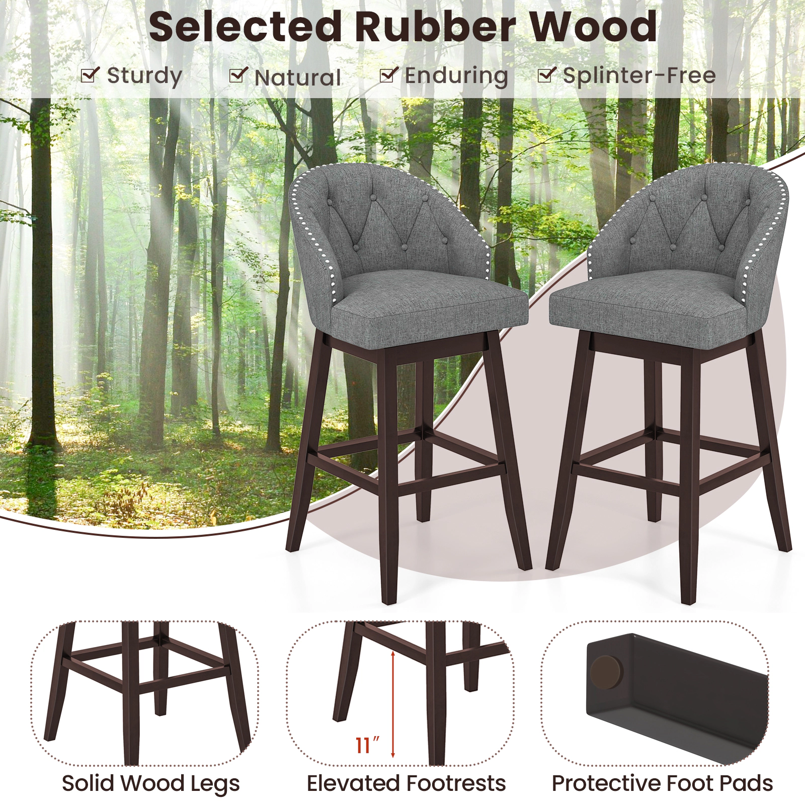 SUGIFT Set of 2 Swivel Bar Stools with Rubber Wood Legs and Padded Back 330-lb Capacity 31-in Seat Height Gray & Walnut