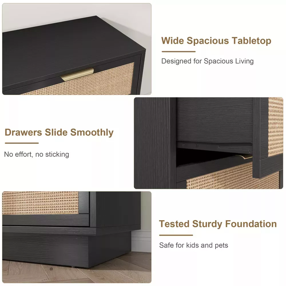 Rattan 6 Drawer Dresser with Metal Handles, 47" Wide Double Storage Chest for Bedroom Home Office