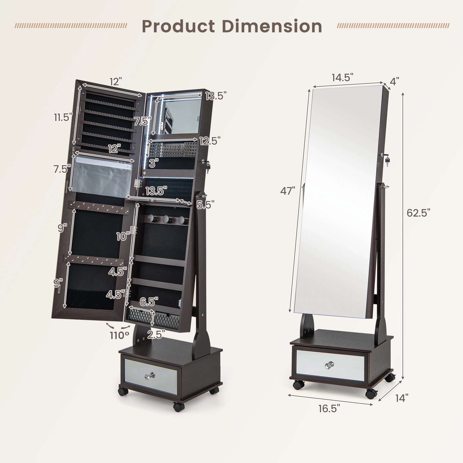 Slickblue 62.5 Inch Freestanding Lockable Jewelry Cabinet with Full-Length Mirror, LED Lights and Rolling Wheels