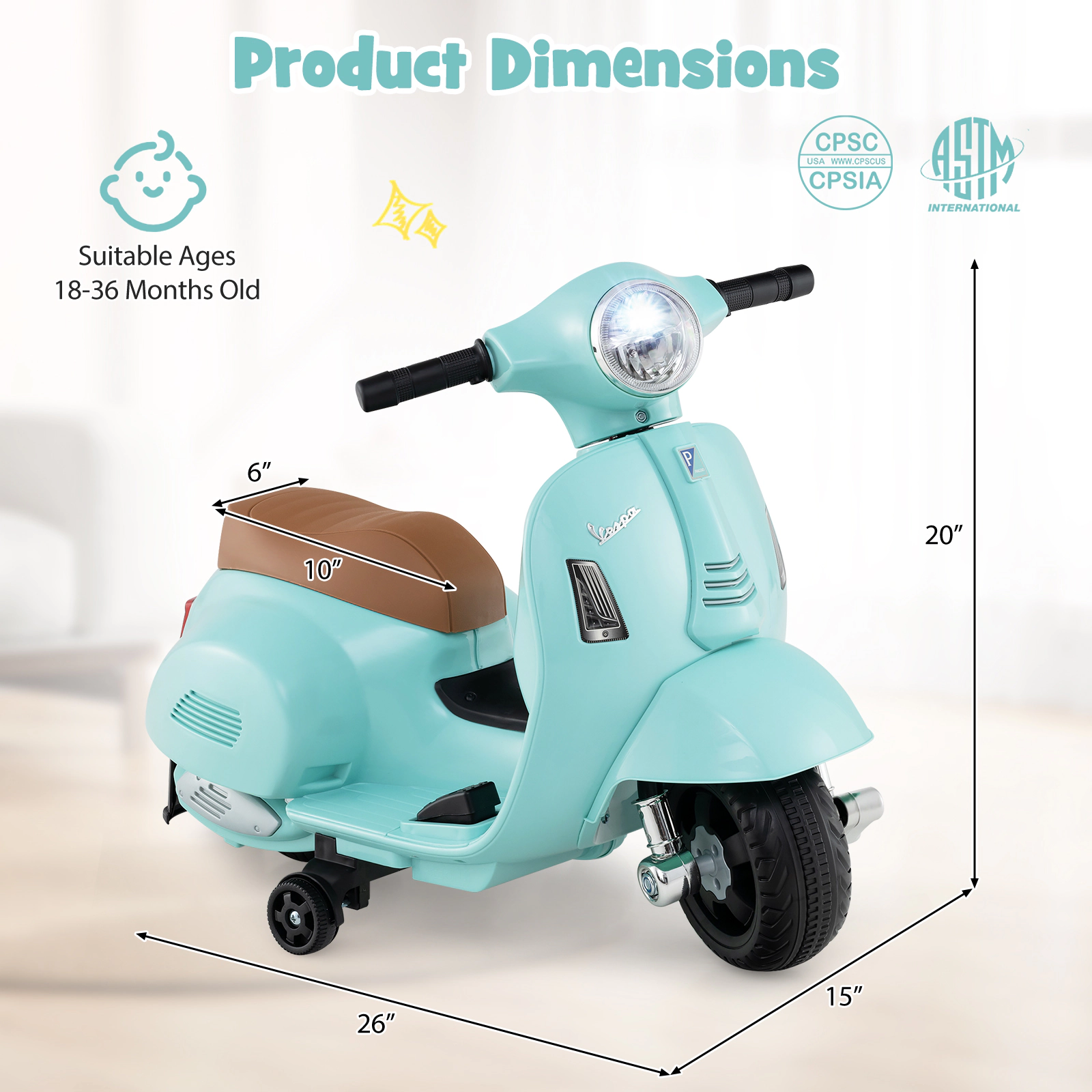 SUGIFT 6V 55-lb Capacity Green Kids Ride On Motorcycle Scooter with Training Wheels LED Headlight and Horn