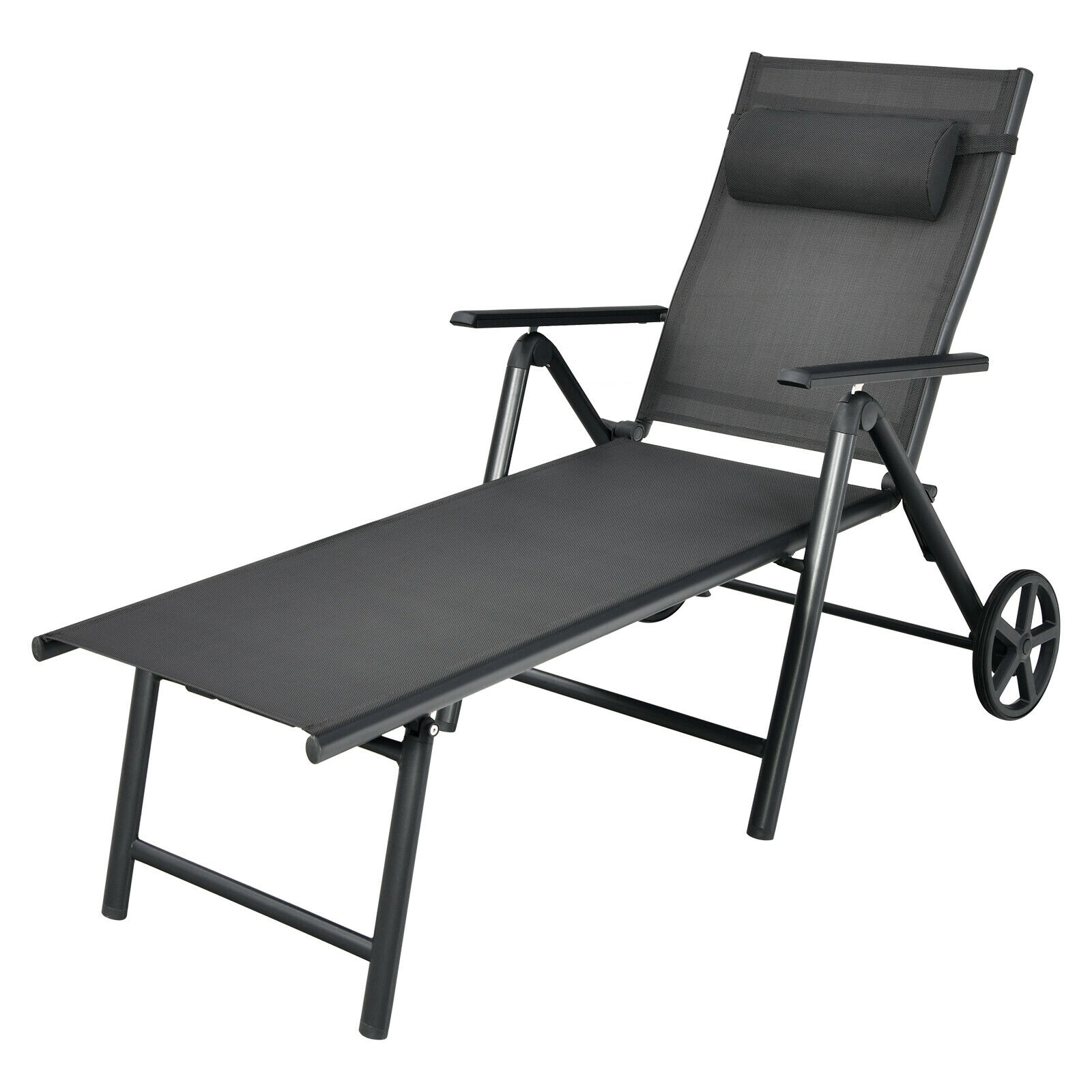 SUGIFT 7-Position Aluminum Patio Lounge Chair with Wheels and Neck Pillow 330-Lb Capacity Gray