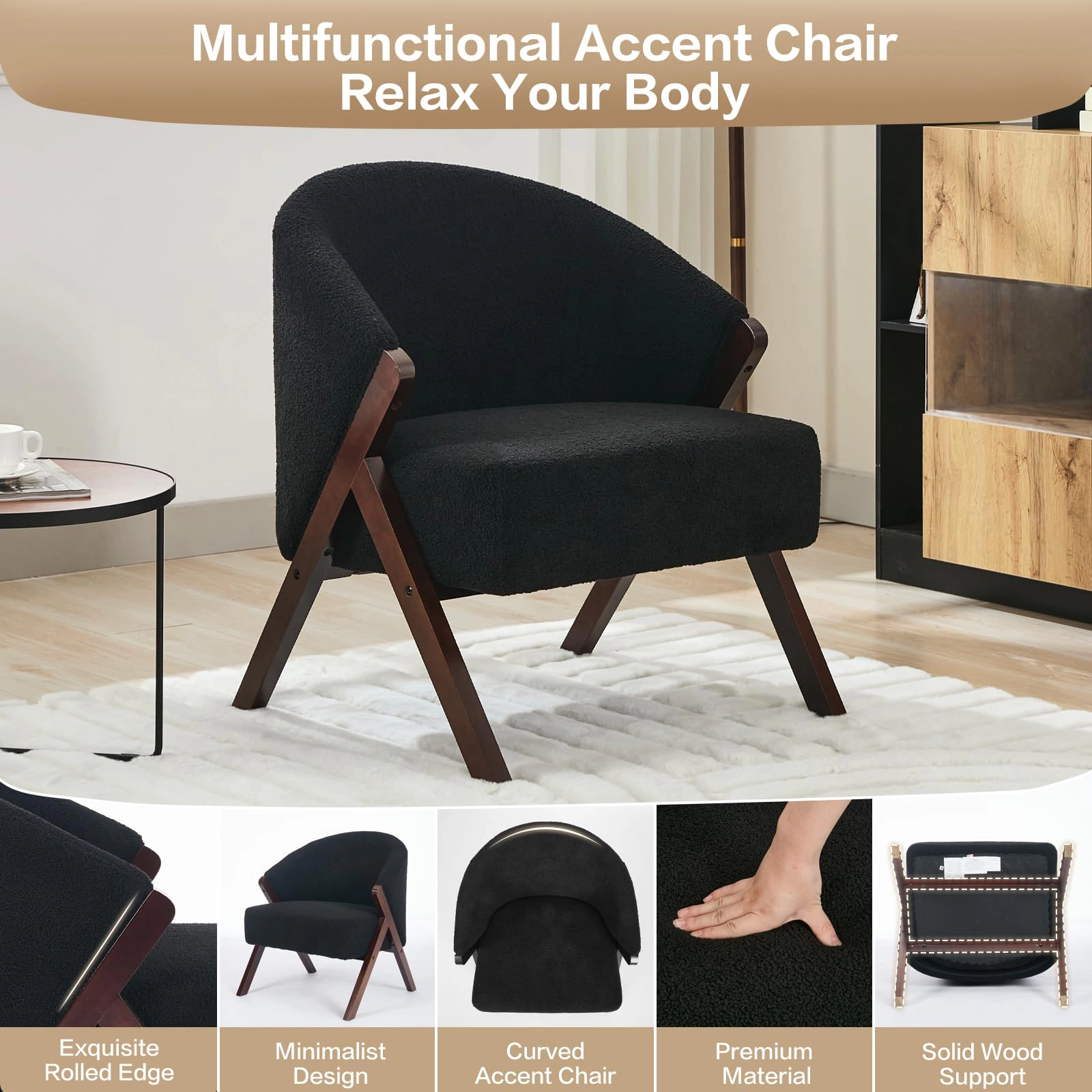 BebreezChic Mid-Century Accent Chair, Upholstered Armless Reading Chair with Wood Frame for Living Room or Bedroom