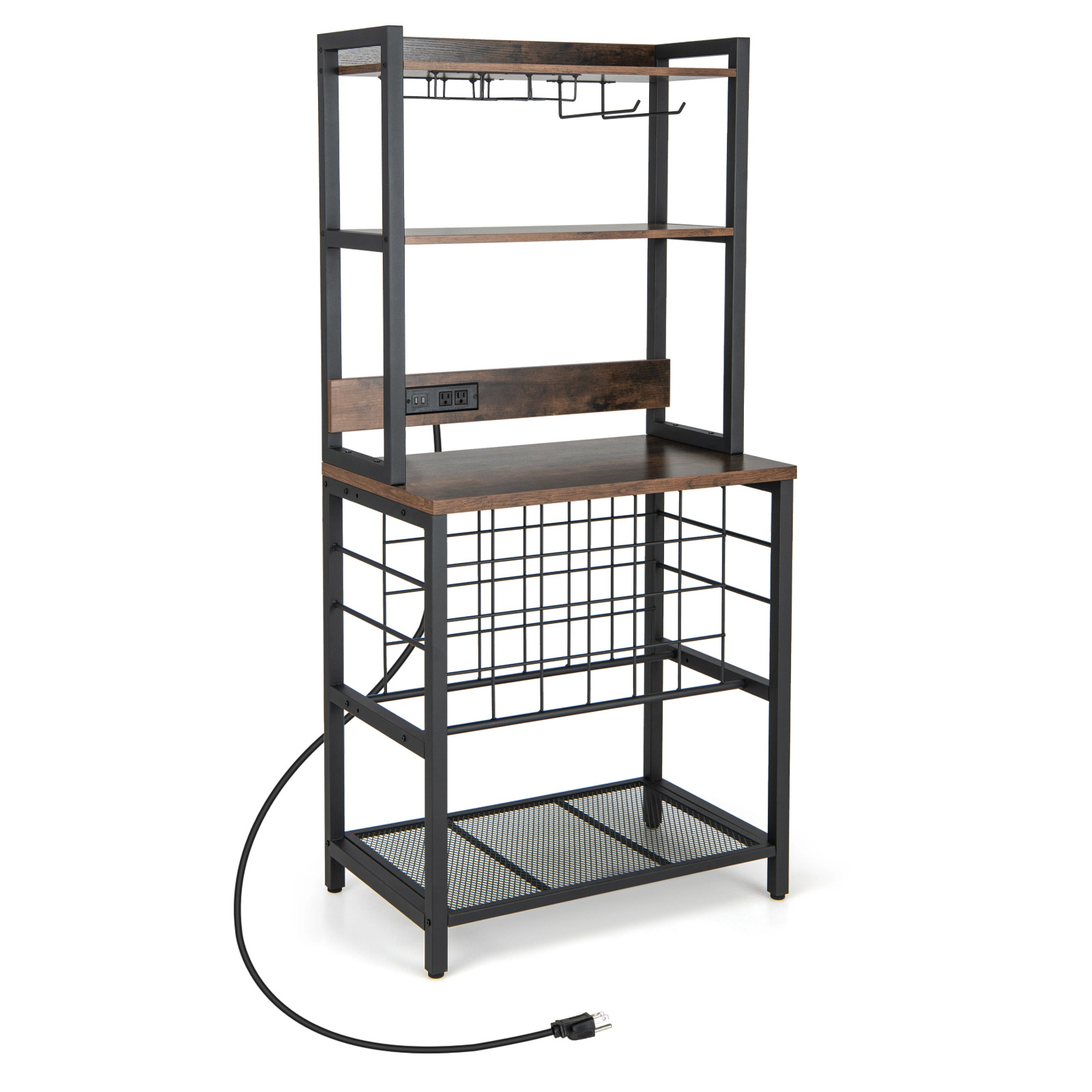 SUGIFT Brown 4 Tier Wine Cabinet Bar with Glass Holders and Power Outlets 30-in W 19-in D 64-in H 175-lb Counter