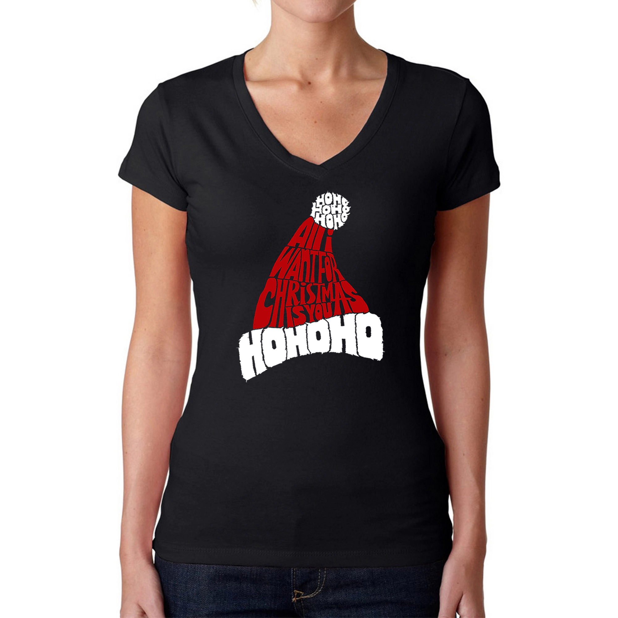 LA Pop Art Womens Word V-Neck T-Shirt - All I Want For Christmas Is You