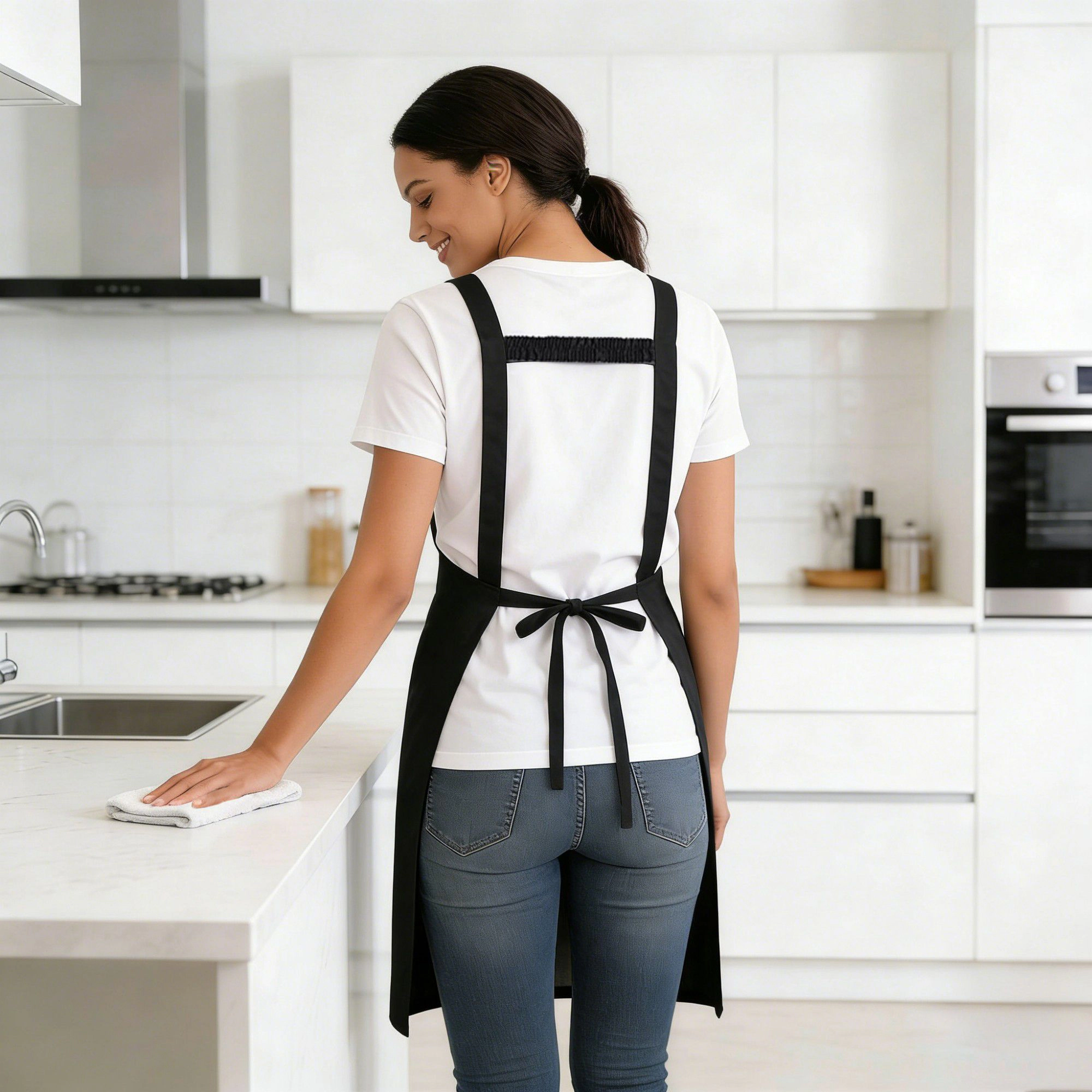 Alilang Women Kitchen Apron Adjustable Strap with Contrast Trim and Dual Pockets for Cooking Work
