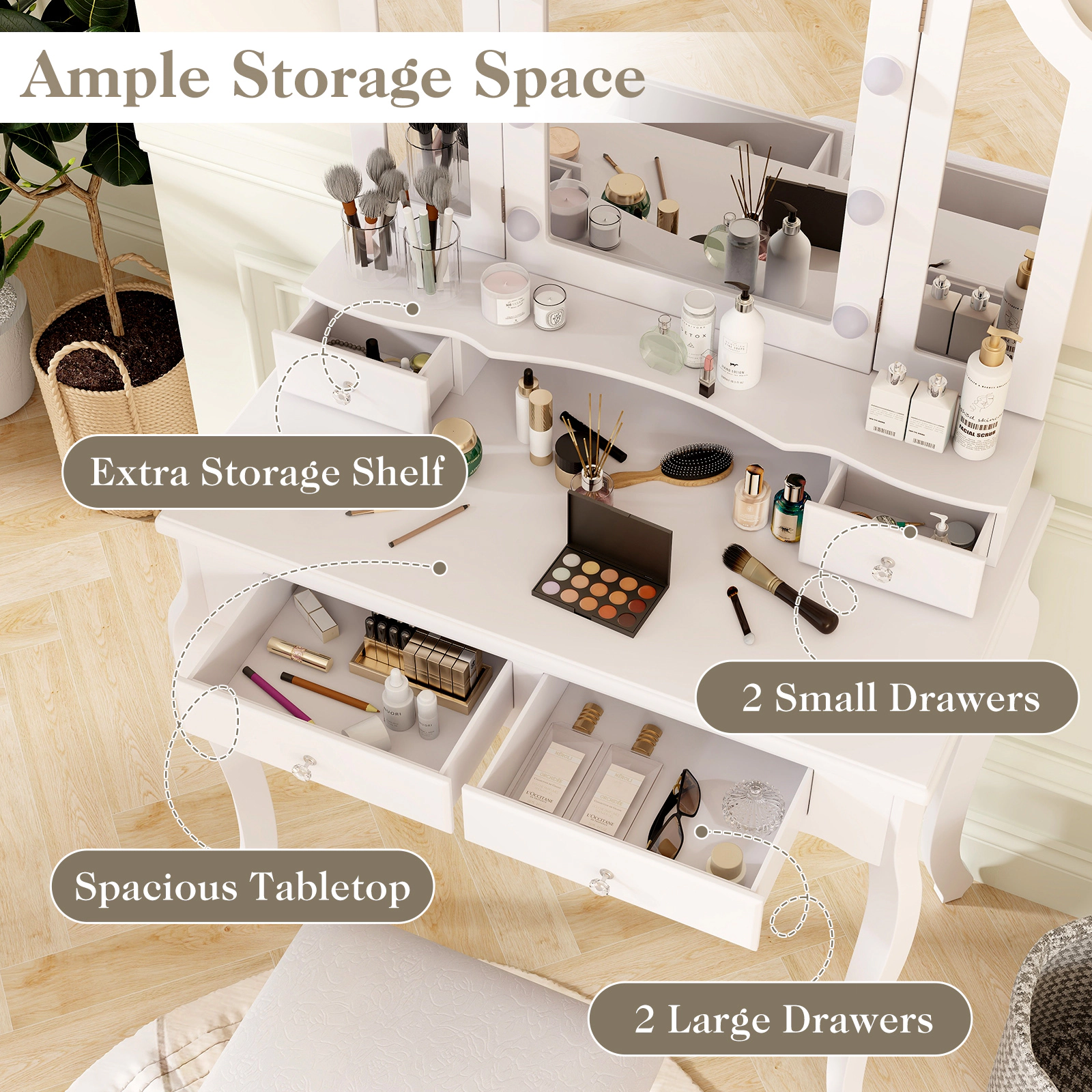 SUGIFT Makeup Vanity Set, 54.5-in Table, Lighted Tri-Fold Mirror, Drawers and Stool